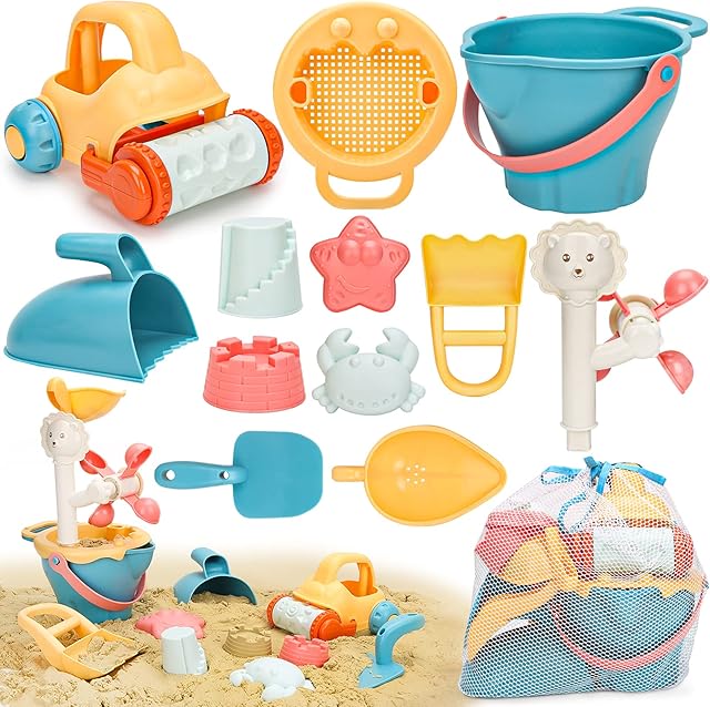 Sanlebi Sand Beach Toys for Kids, Soft Material Sandpit Toys with Bucket and Spade, Reusable Mesh Bag, Summer Beach Games for Toddlers Children