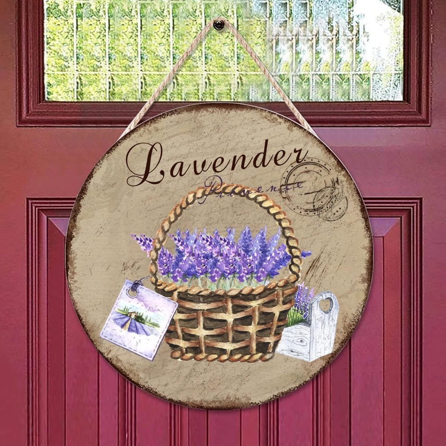 Old Paper Textures Wall Door Hanging Sign, Lavender Wood Door Sign, Personalized Pattern 16x16in Round Door Hanger Sign Farmhouse Front Porch Decor Housewarming Gifts