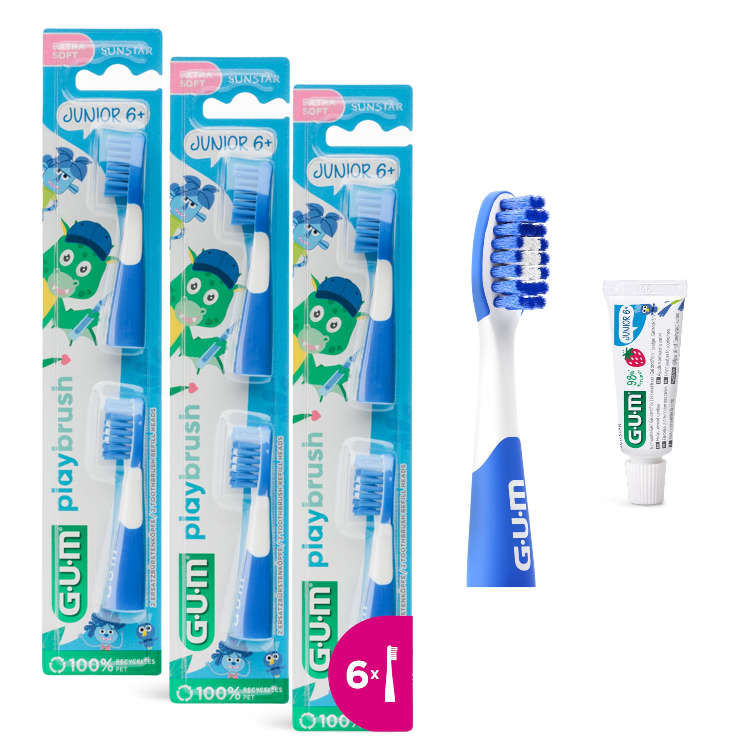 Playbrush JUNIOR 6+ tête de brosse gum compatible brosse à dents électrique brins extra-souples 3x2 têtes Bleu