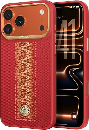 RAPTIC 24K Gold Dipped Fortune Case for iPhone 17 Pro Max 6.9" with Camera Control Button, Compatible with MagSafe, [13 FT Military Grade Protective], Aramid Fiber AeroWoven, Red