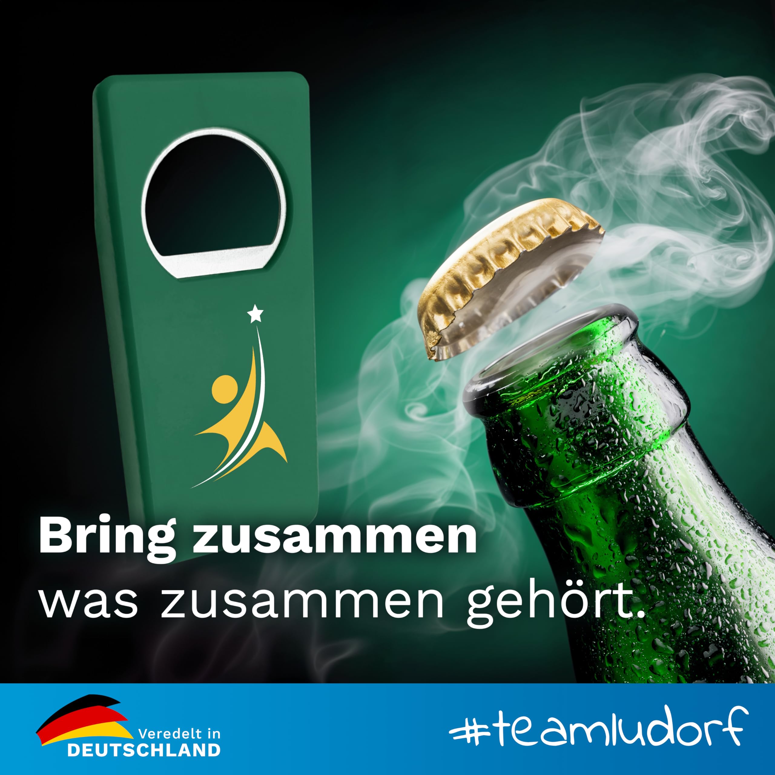 Personalisierte Flaschenöffner mit Verschluss (100 Stück, Blau) – Mit eigenem Foto, Logo & Text bedruckbar – Nachhaltig aus Recycling-Kunststoff