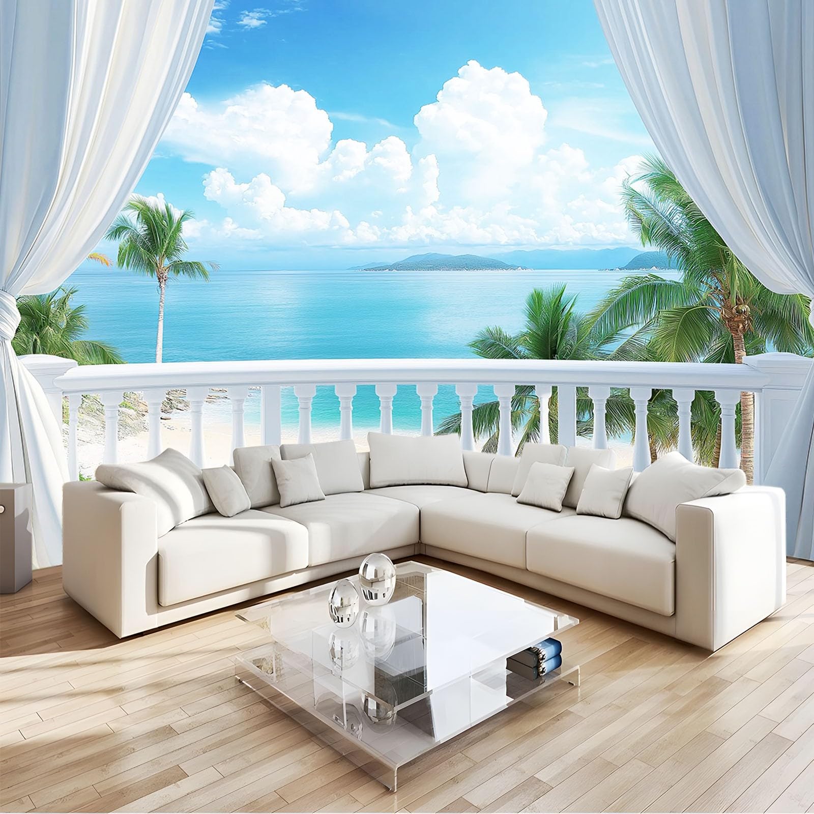 Fototapete 3D Balkon Meerblick Aus Dem Fenster Blau 300x210 cm Vliestapete Wandbild Fototapeten Vlies Tapeten Wandtapete Schlafzimmer Wohnzimmer Kinderzimmer Moderne Wanddeko
