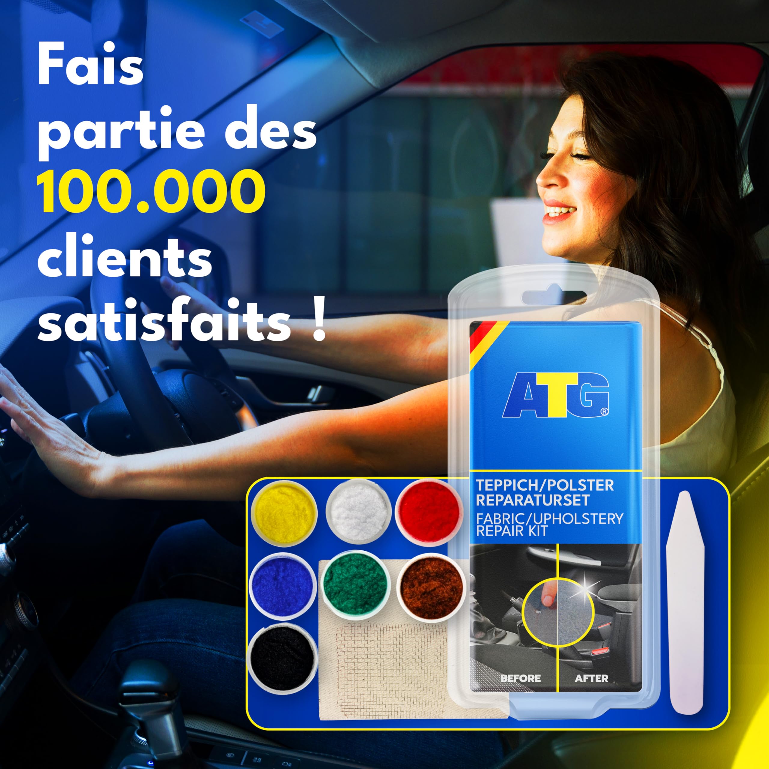 ATG®Kit Réparation Tissu Voiture – Réparation siège Auto, canapé, Sofa et Textiles, Trou Tissu, brûlures et Fissures – Kit réparation Textile intérieur, 13 pièces