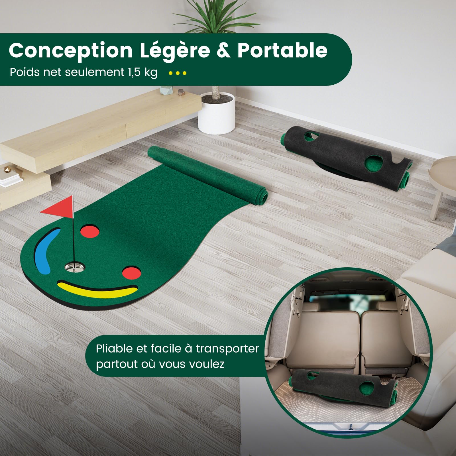 COSTWAY Tapis de Frappe de Golf 300 x 96 cm, Tapis d'Entraînement de Golf par 3 avec 3 Coupelles 1 Drapeau Couvercles de Trou, Green de Putting de Golf pour Intérieur & Extérieur