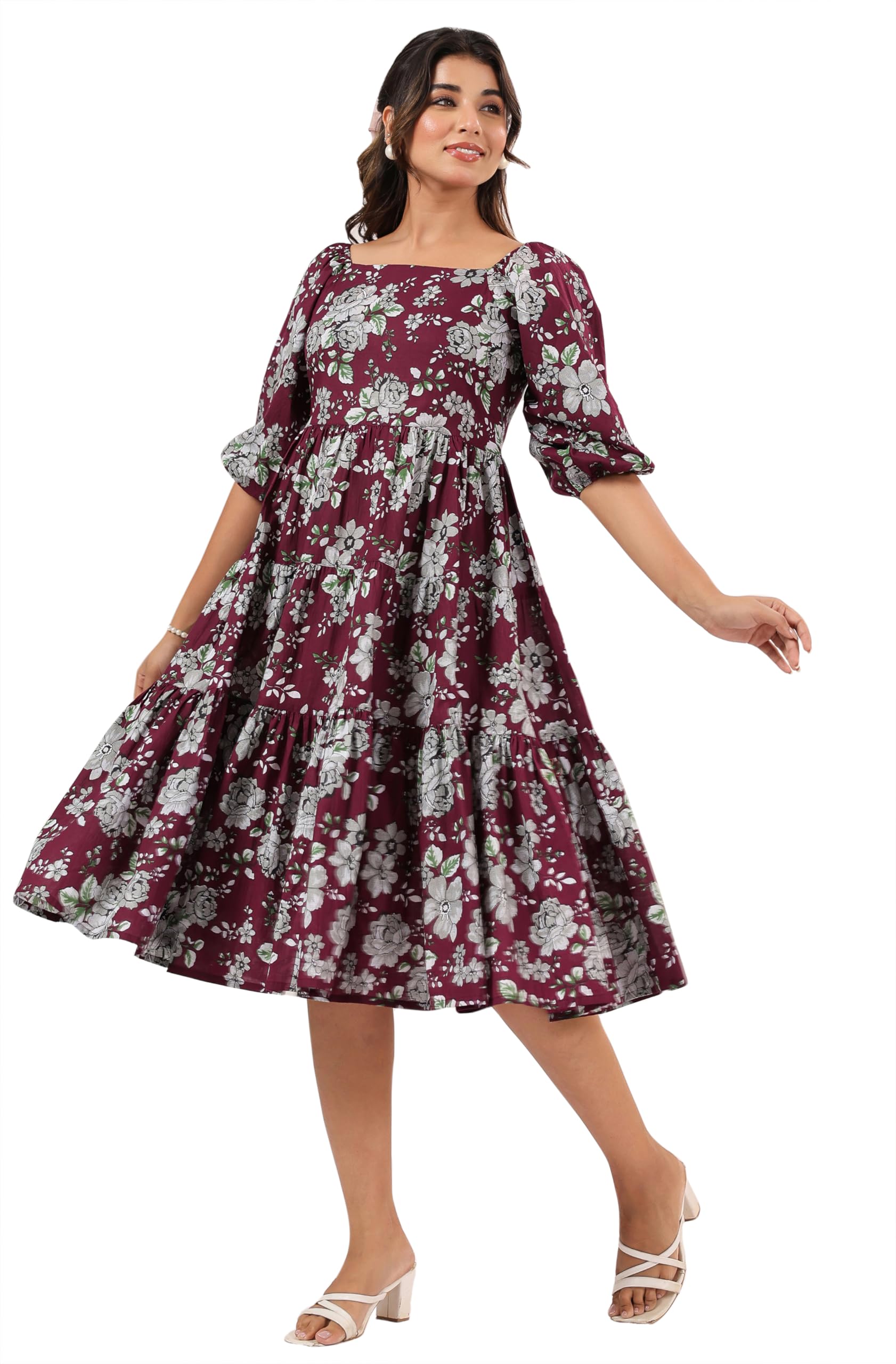 janasya Women's Wine Pure Cotton Floral Printed Tiered Dress-picture-13