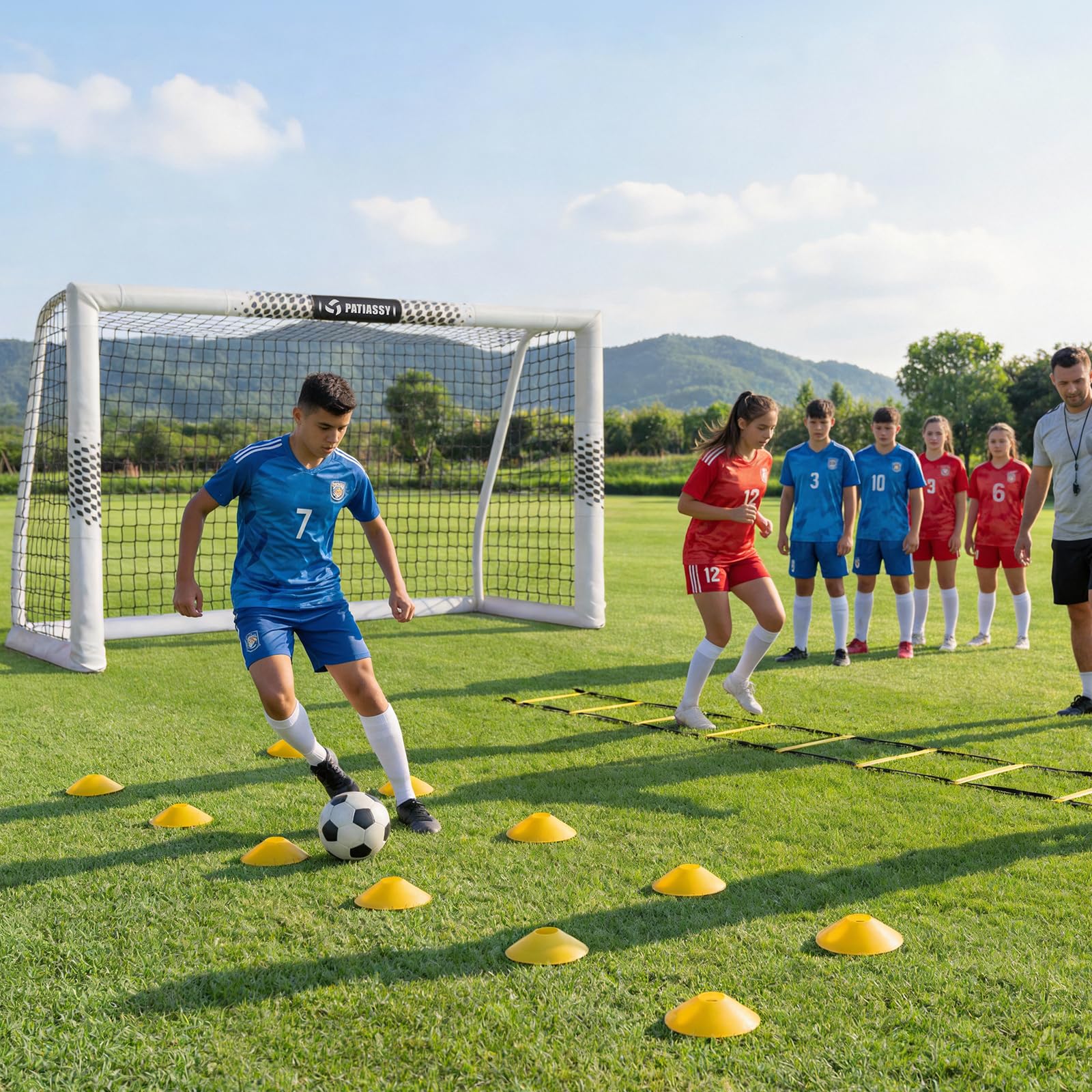 Fußballtor für den Garten, 240 x 160 cm, robustes Fußballnetz mit sicherheitsgepolsterten Metallpfosten, langlebiges Tor mit Trainingsset (Leiter und 12 Hütchen) für Kinder, Jugendliche und Erwachsene