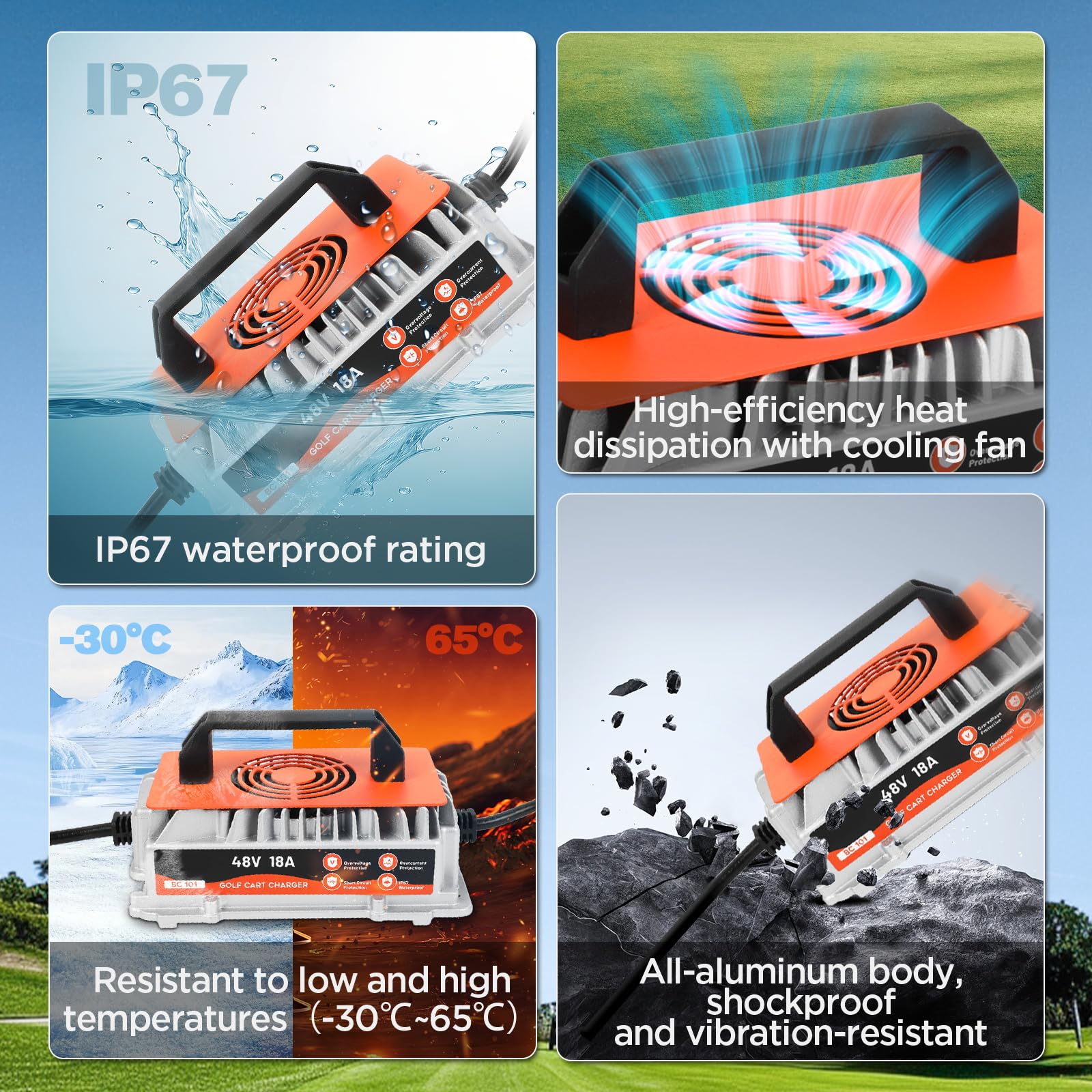 KAISAL Caricabatterie 48V 18A per Golf Cart Club Car, Caricabatterie Impermeabile IP67, Ricarica Intelligente Automatica a 5 Fasi, Caricabatterie per Batterie al Piombo-acido 48V, Spina Rotonda 3 Pin