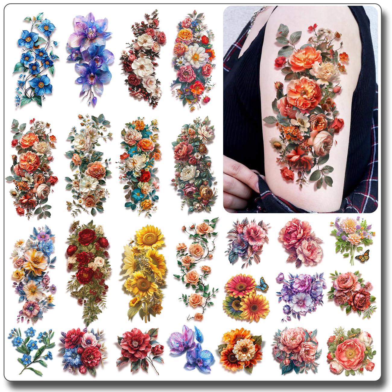 CHARLENT 3D Flower Sleeve Temporary Tattoos for Women - 25 Sheets Realistic Flower Fake Tattoos for Arm Leg Body/Long Last/Waterproof
