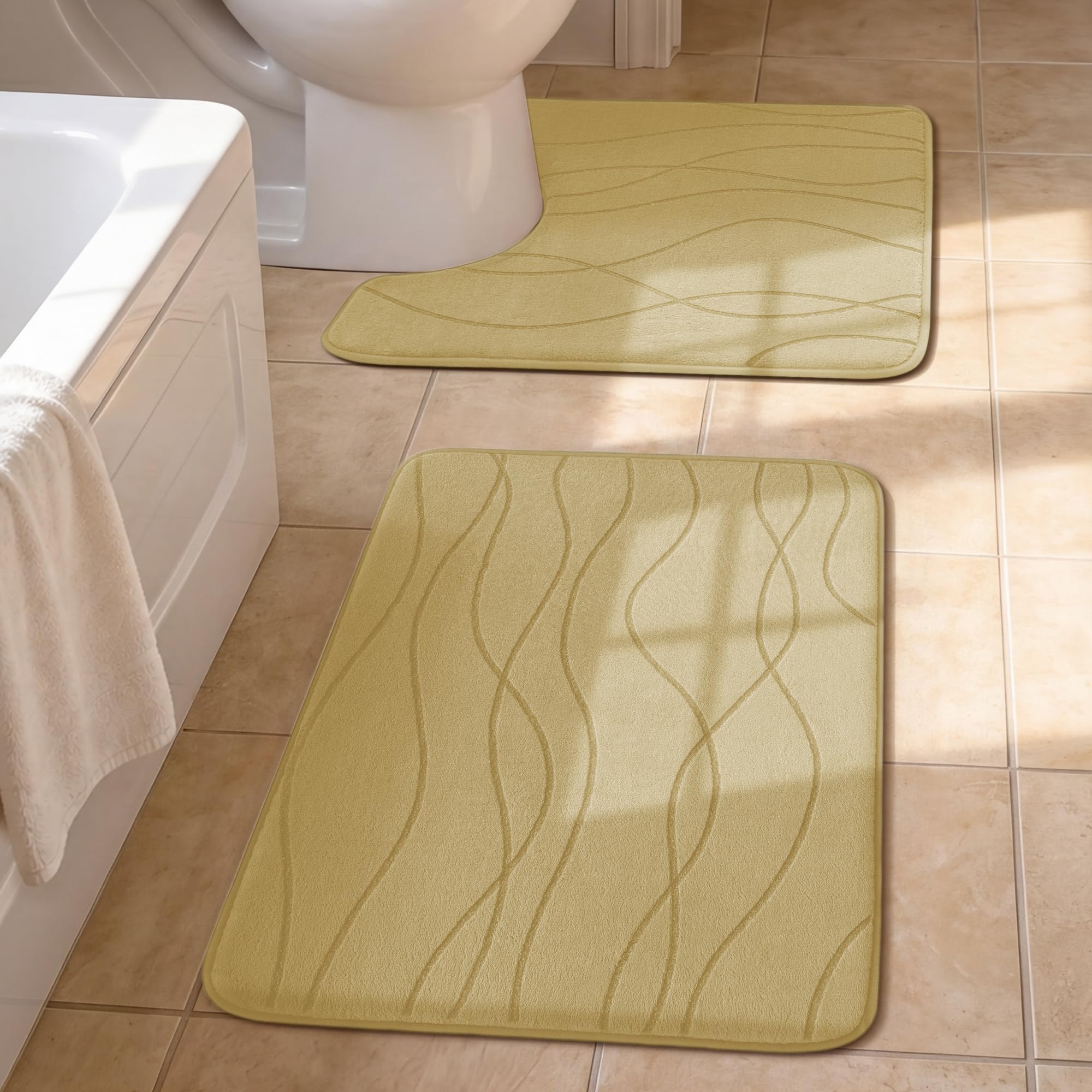 YIHOUSE Bathroom Rugs Set 2 Piece, Memory Foam Bath Mat Beige