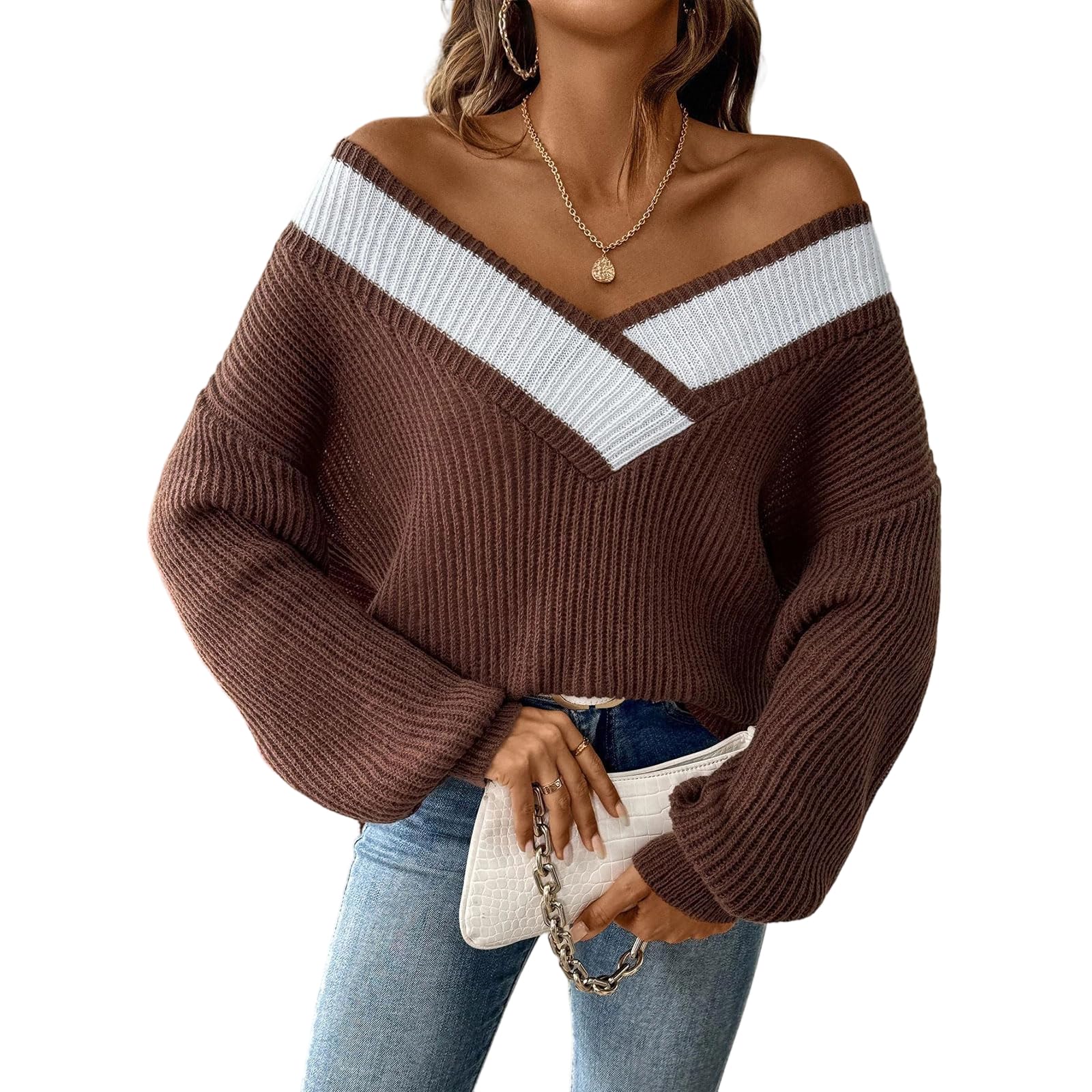 Off-Shoulder Sweater for Womens Long Sleeve V Neck Color Block Pullover Knit Jumper Fall Winter Fashion Tops