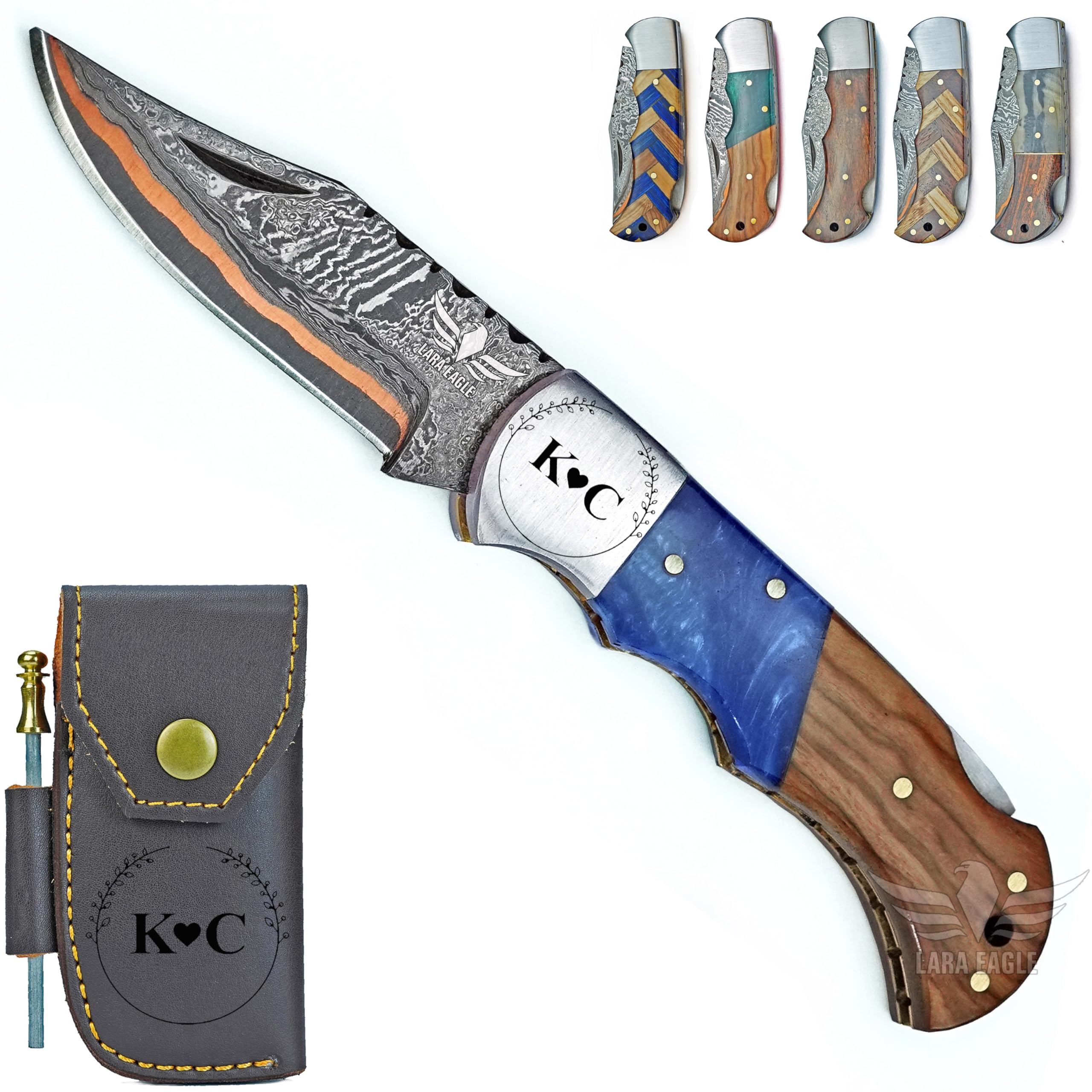 Lara Eagle Personalized Copper Damascus Pocket Knife – Olive