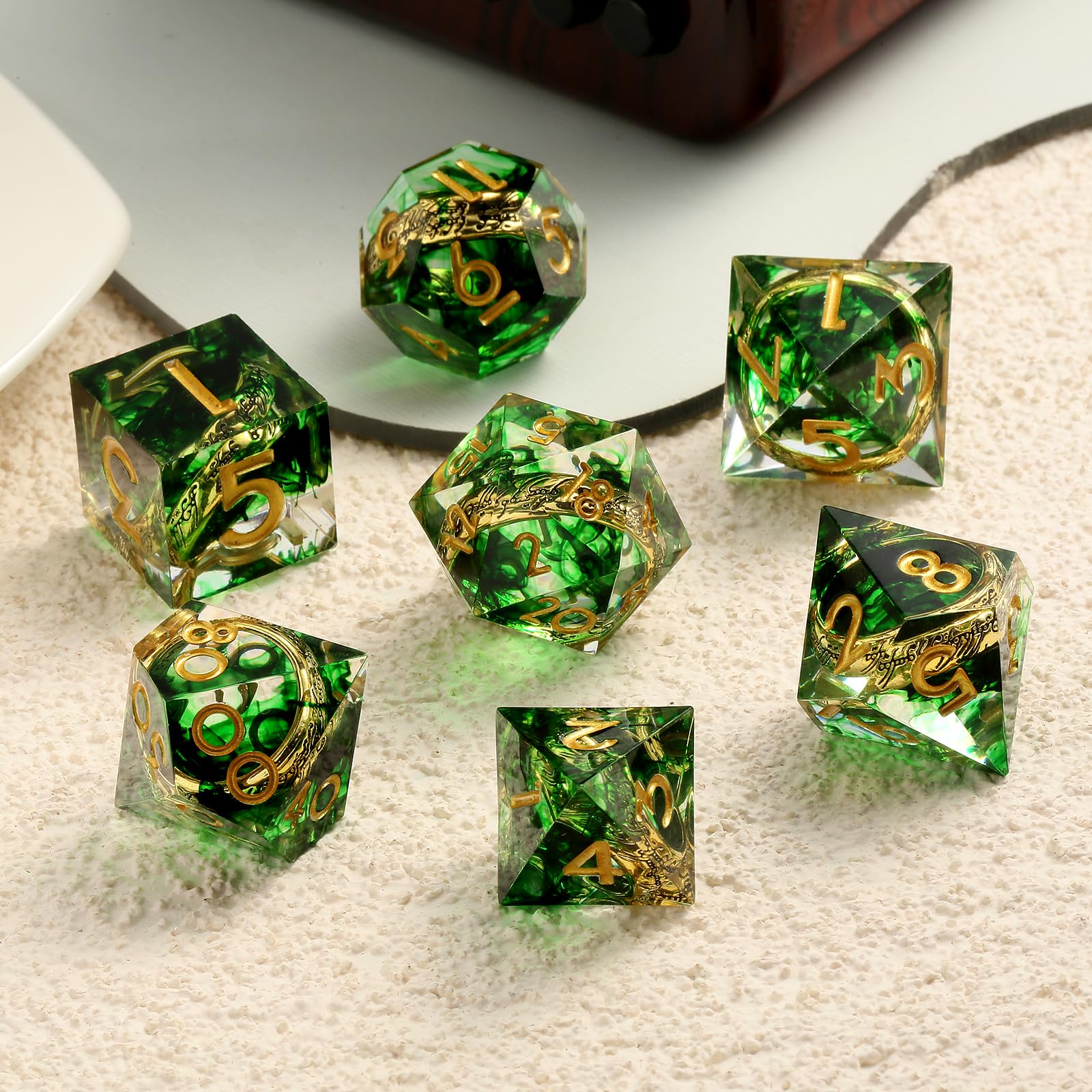 DNDND Sharp Edge DND Dice Set 7-Piece with Golden Magic Ring Inside, Unique Swirl Resin RPG Dice for Dungeons & Dragons, D&D - Image 2