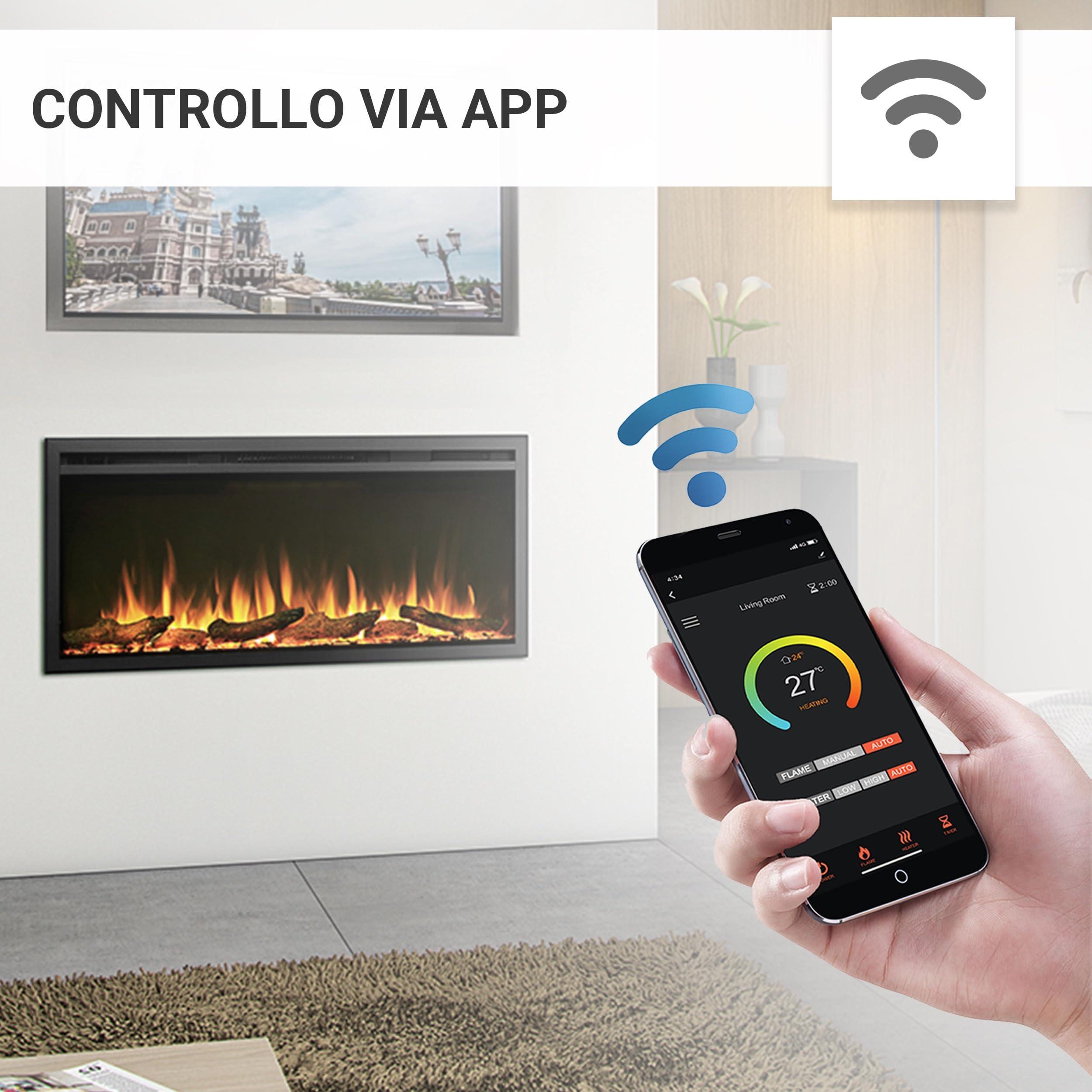 Balderia camino elettrico Atalanta | Caminetto a incasso effetto fiamma 3D | Riscaldamento elettrico 1500W, LED, comando via app, crepitio | Nero