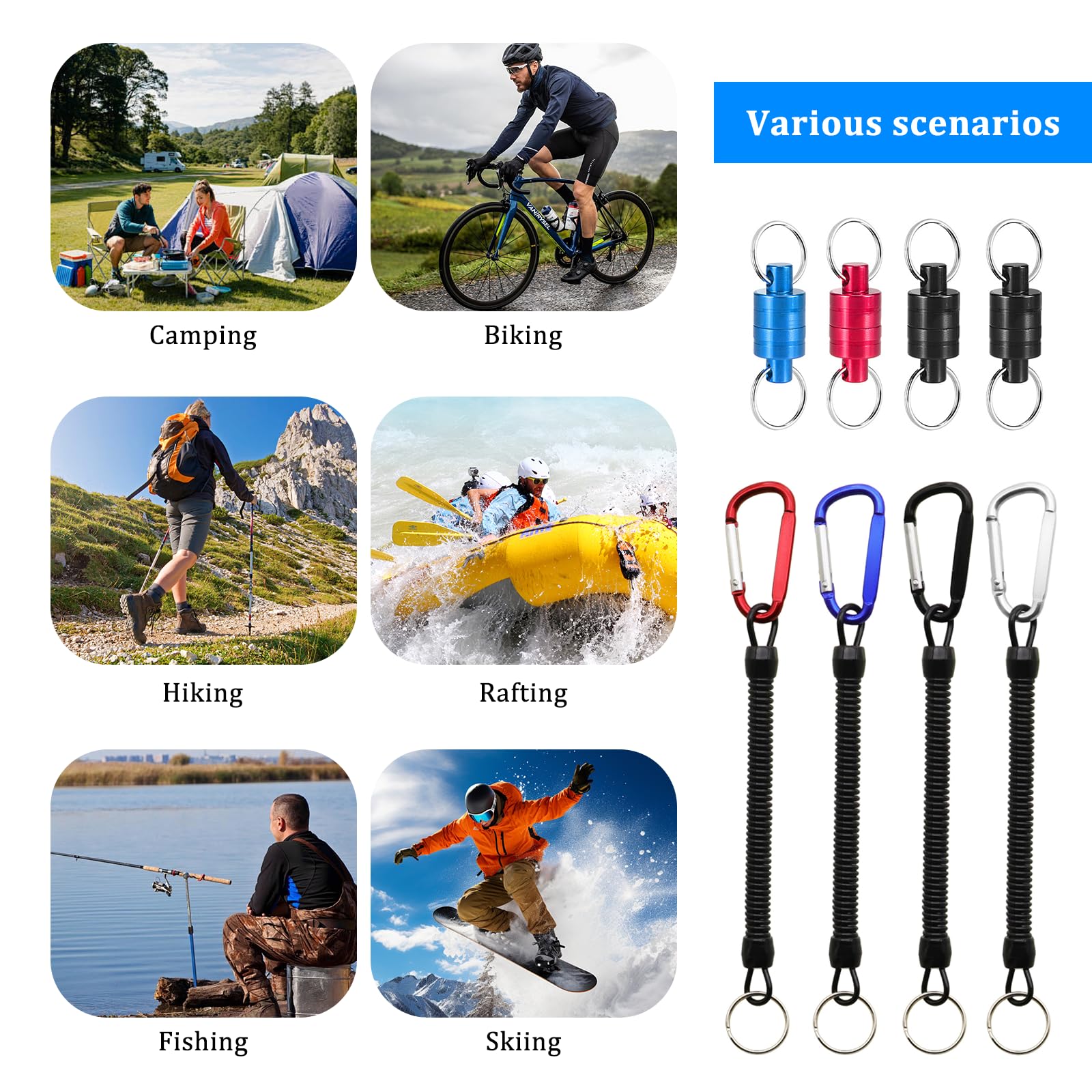 4 Pièces Libération de Filet Magnétique,Clip magnetique de pêche,Magnétique D'épuisette Boucle avec Mousqueton et Cordon enroulé pour Pêche Surf Randonnée L'alpinisme