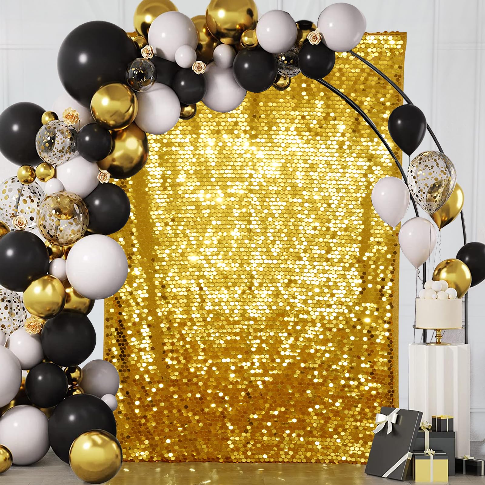 PartyDelight Telón de fondo de pared con lentejuelas doradas, paneles brillantes para fotografía, accesorios de fotografía de 4 x 7 pies, para decoración de cumpleaños, boda, fiesta