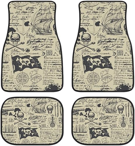 Juego de 4 tapetes para piso de coche, diseño de calavera de barco pirata, diseño de mapa del tesoro, tapete antideslizante y duradero, accesorios