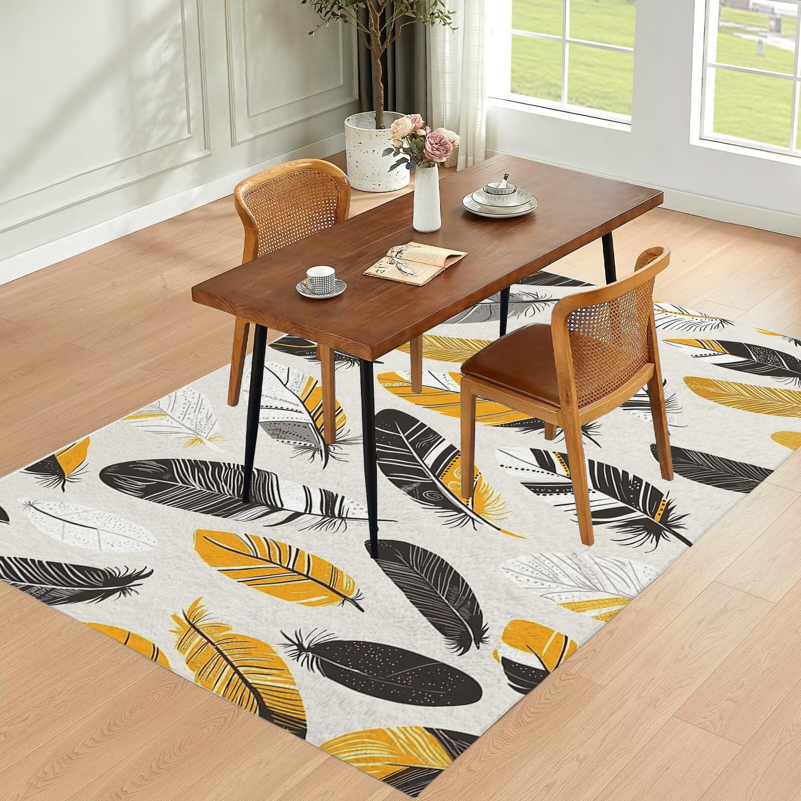 Teppich Senfgelb Feder rutschfest Waschbar Teppiche, Böhmen Abbildung Druck Raumteppich für Schlafzimmer Kinderzimmer Esszimmer Kurzflor Elfenbein Wohnzimmer 80x150cm Schlafzimmerteppich