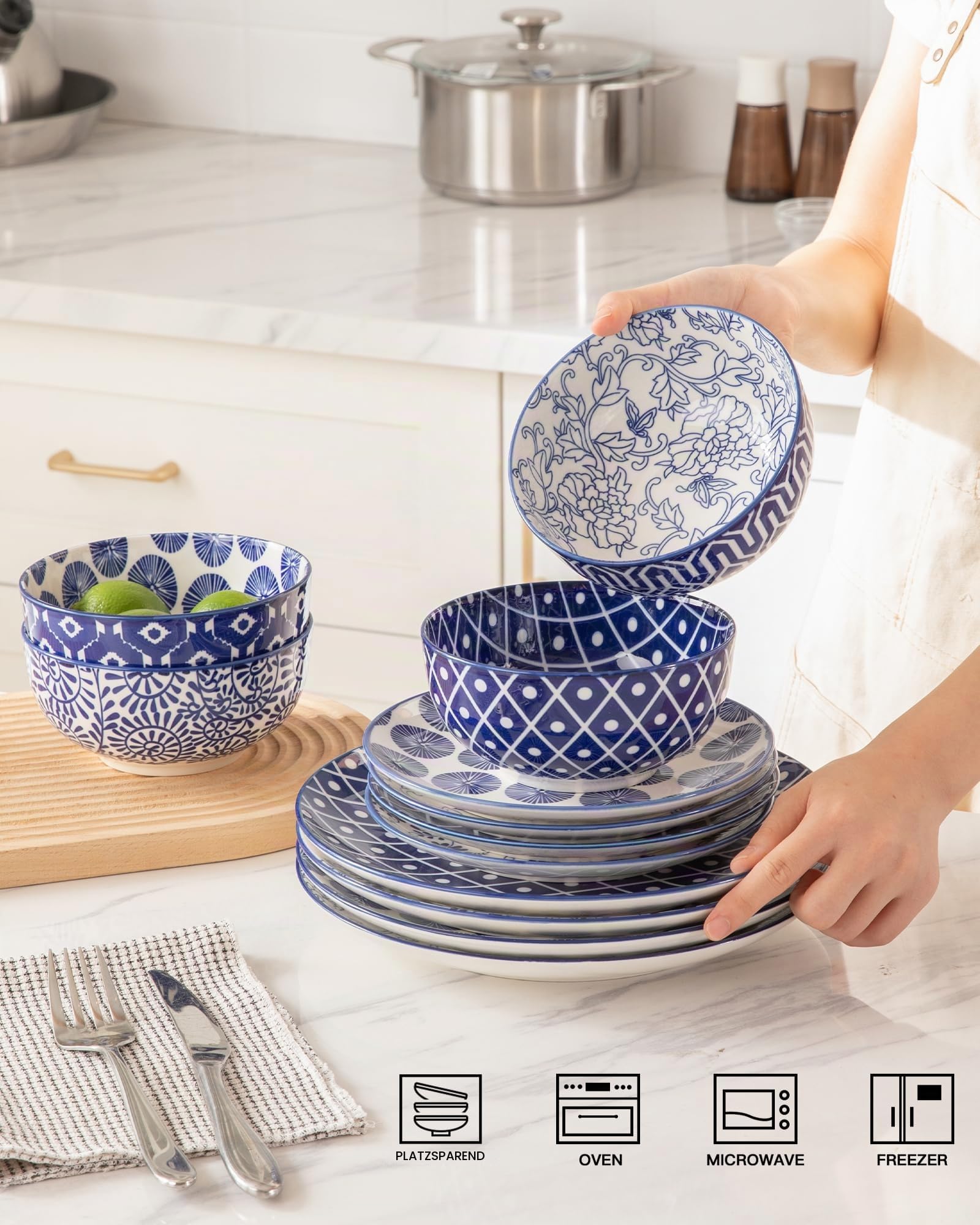 Sweejar Home Keramik-Geschirr-Set für 4 Personen, 12-teiliges Porzellanteller und -Schüssel-Set, klassisch, modern, schlicht, Küchen-Geschirr-Set, spülmaschinen- und mikrowellengeeignet(Kobaltblau)