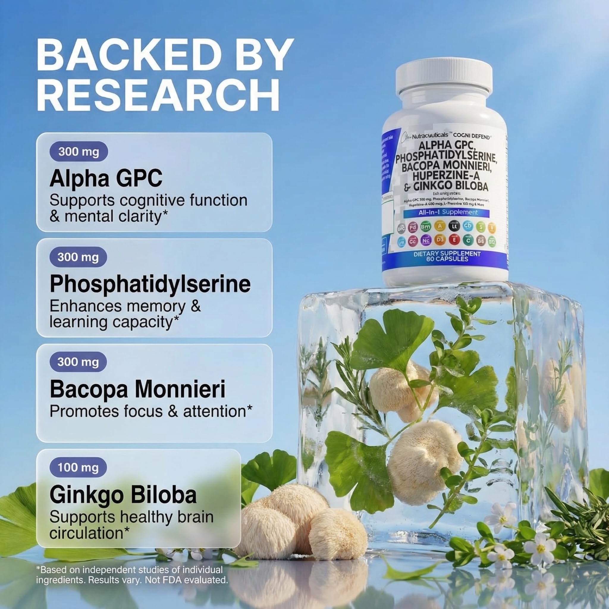 Brain Supplement Alpha GPC 300mg Phosphatidylserine Bacopa Monnieri Ginkgo Biloba Lions Mane Huperzine A L-Theanine NAC Nootropic Memory Focus Cognitive Support Vitamins B C D E 60 Capsules USA — Amazon image 3