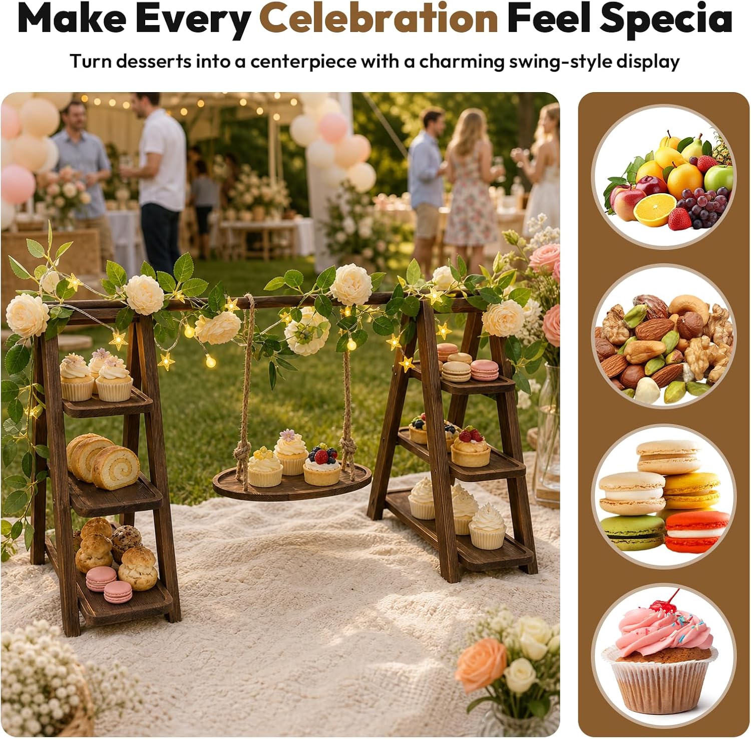 Wooden 3 Tier Cupcake Stand with Swing, Star String Lights & Champagne Flower Vine, Rustic Dessert Table Display Set, Tiered Food Serving Tray for Party, Wedding, Catering Centerpieces