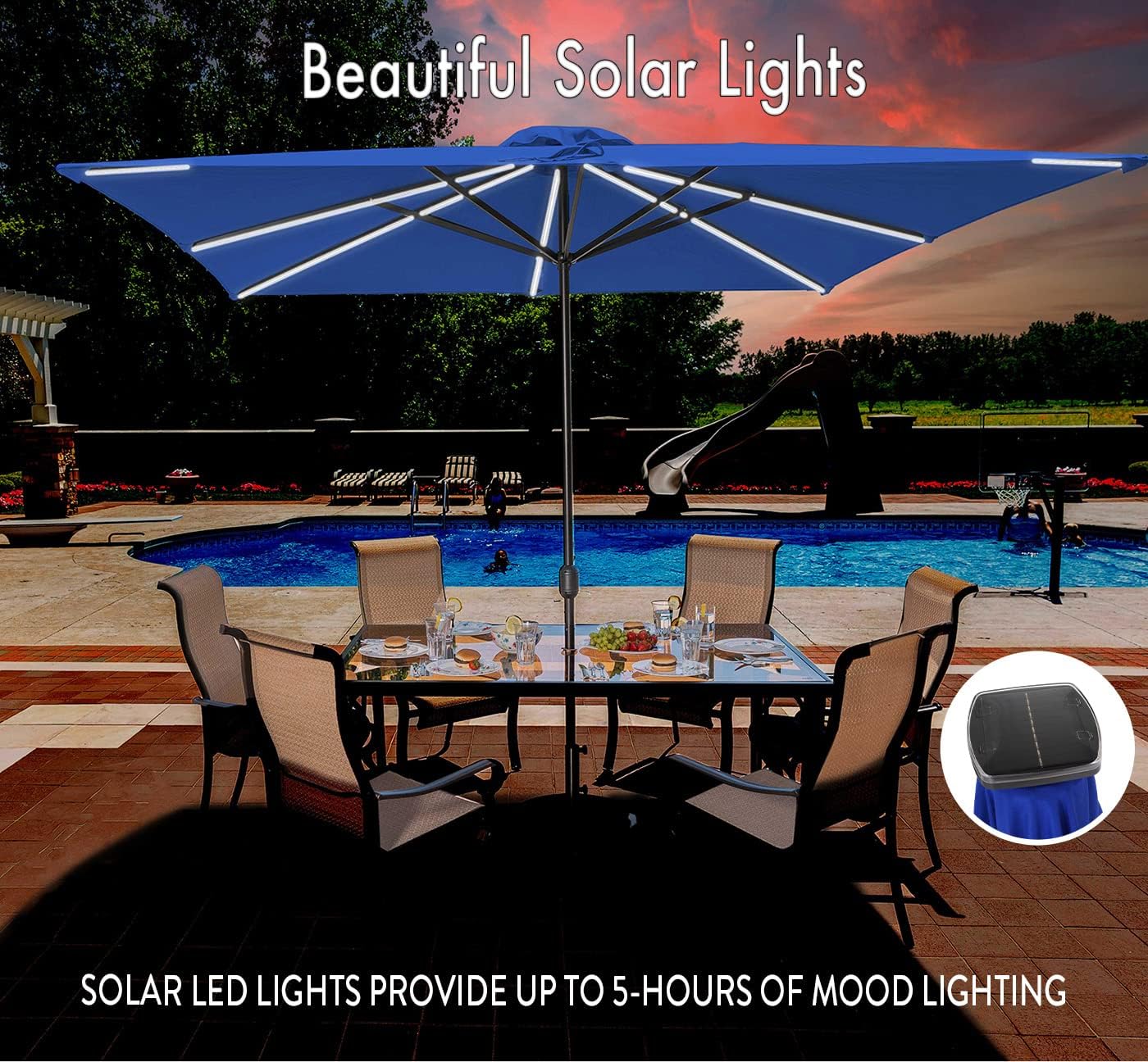 Freetime Fun Rectangular Patio Umbrella 10 ft Heavy Duty Patio Table Umbrella With Crank Lift Solar Lights, Super Thick Windproof Pole with UV-Resistant Shade 8x10FT