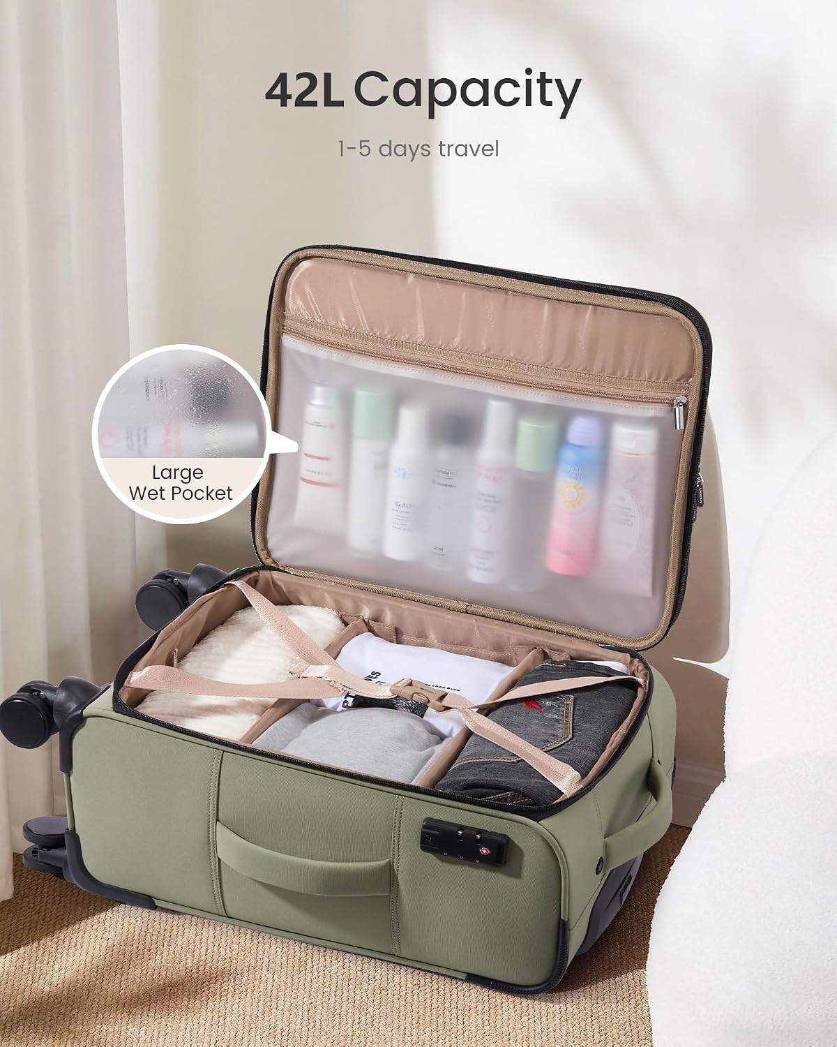  Carry On Luggage 22x14x9 Airline Approved 22inch Softside Suitcase | Rolling Suitcase with Spinner Wheels TSA Lock Laptop Compartment for Women Men, Luggage for Travel Business Trip Plane, Green thumbnail