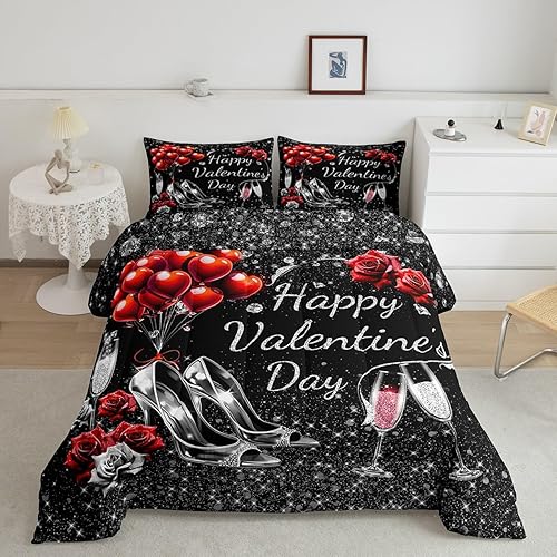Erosebridal Juego de edredón romántico de rosas tamaño King, juego de ropa de cama floral para el día de San Valentín rojo y negro para niños y