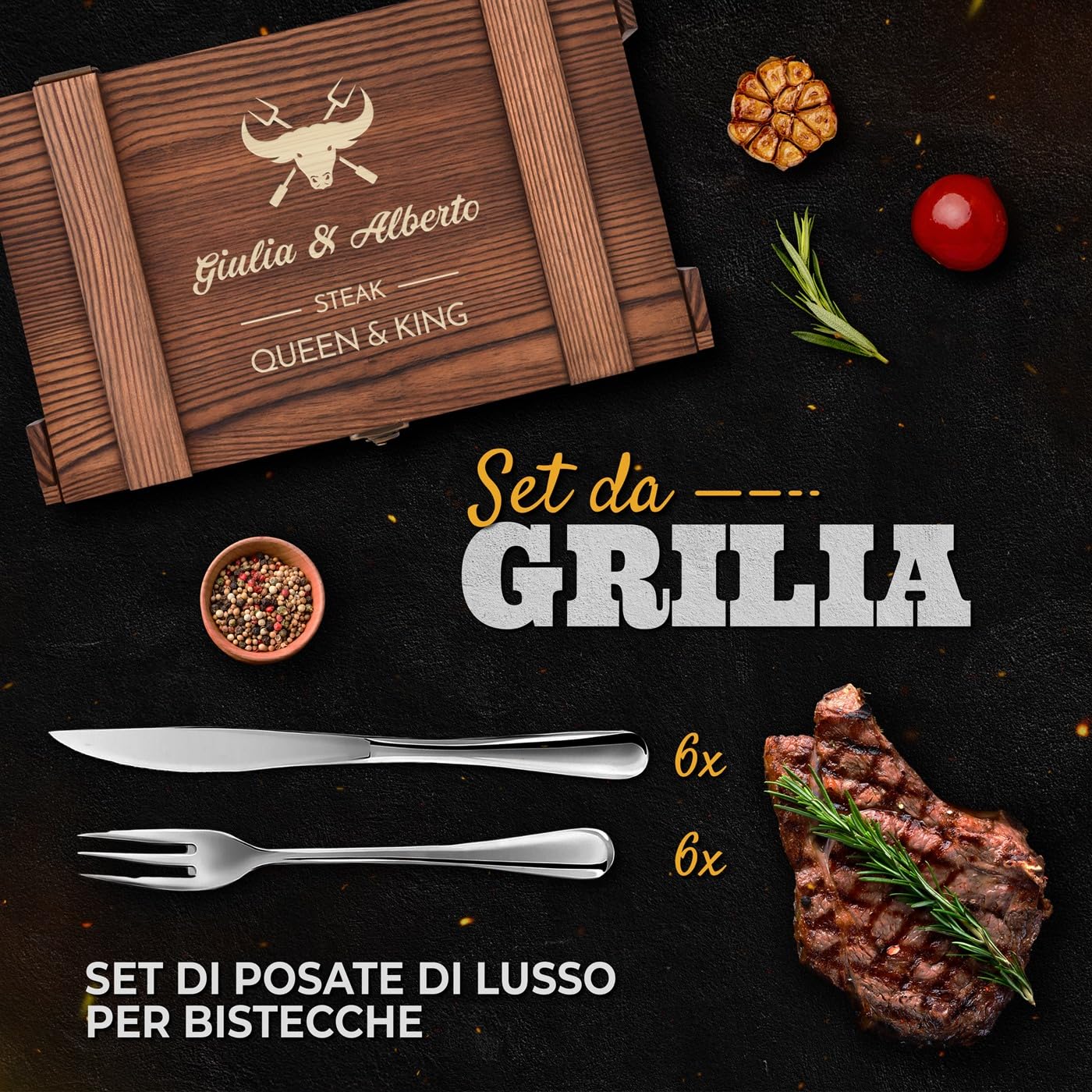 Maverton Set Posate in Scatola Legno di Pino - Portaposate 6 Coltelli e 6 Forchette - Scatola regalo Personalizzata - Idee regalo donna compleanno o regali coppia - 26x16,5x6