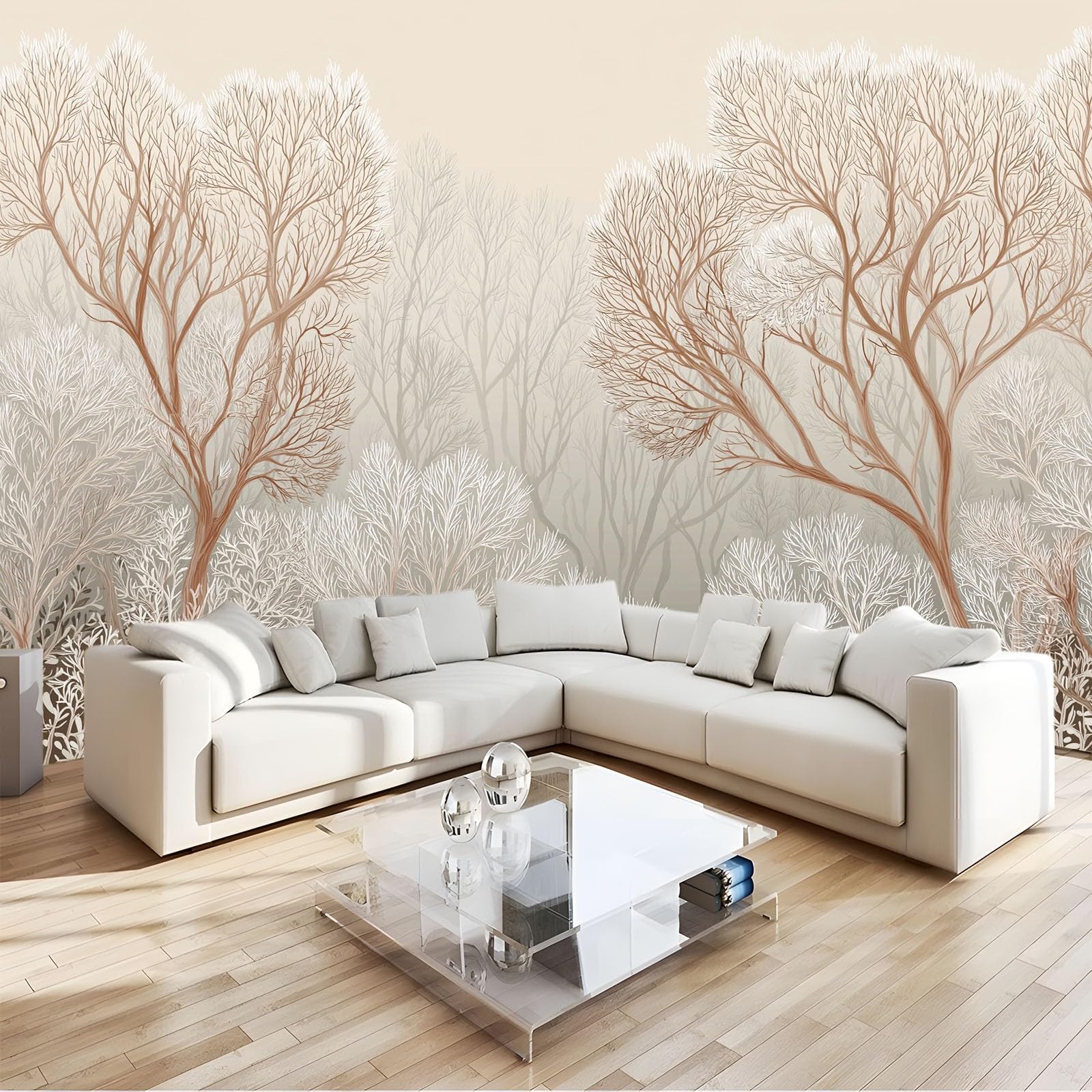 Générique Panoramiczna tapeta skandynawski las drzewa szara mgiełka 300 x 210 cm - nowoczesny gobelin ścienny z włókniny do salonu, sypialni lub pokoju dziecięcego