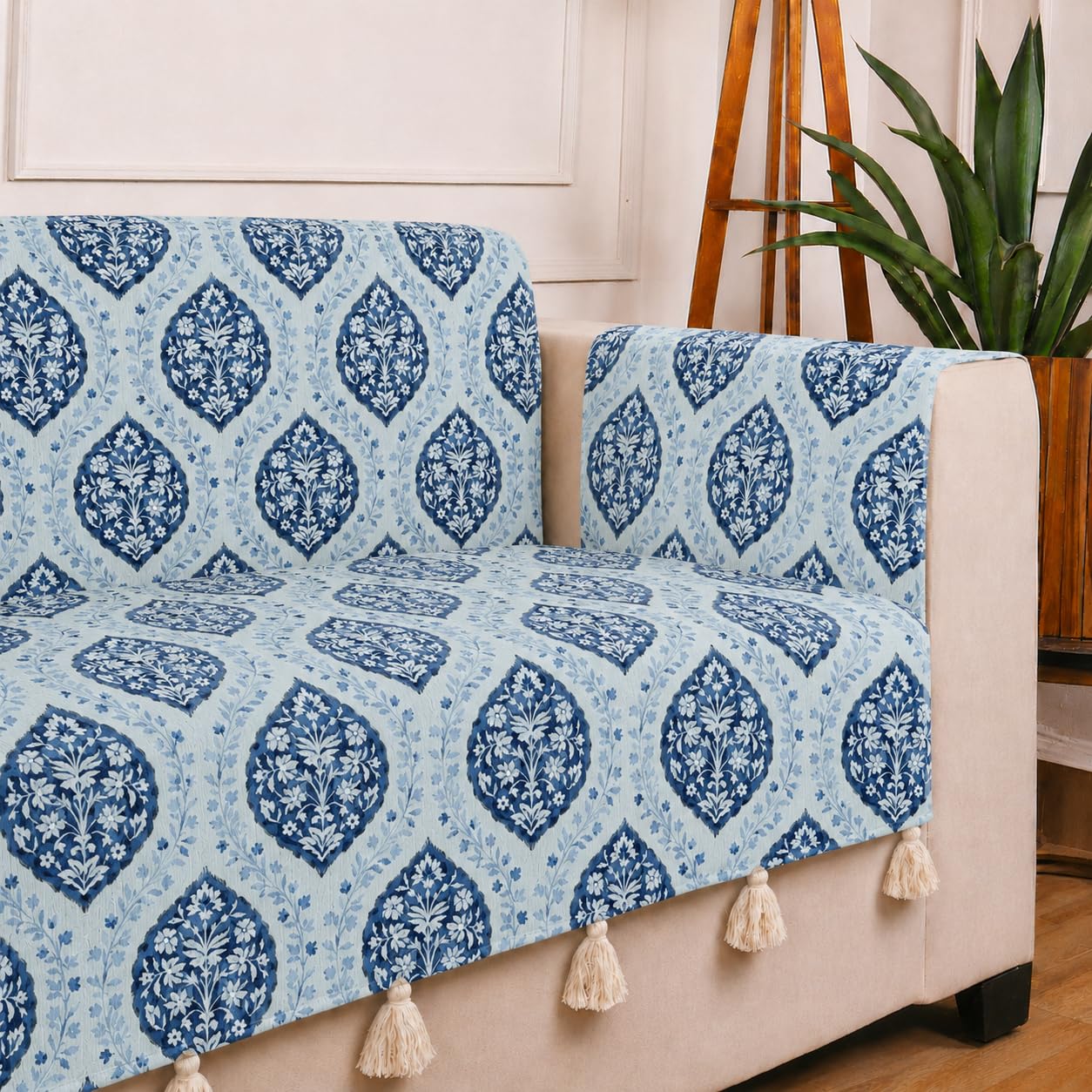 STITCHNEST 'Eden Weaves Collection Series' 1 Seater Sofa Cover | Full Coverage with Armrest Pockets | Elegant Woven Fabric, Decorative Tassels, Washable & Durable for Modern Living