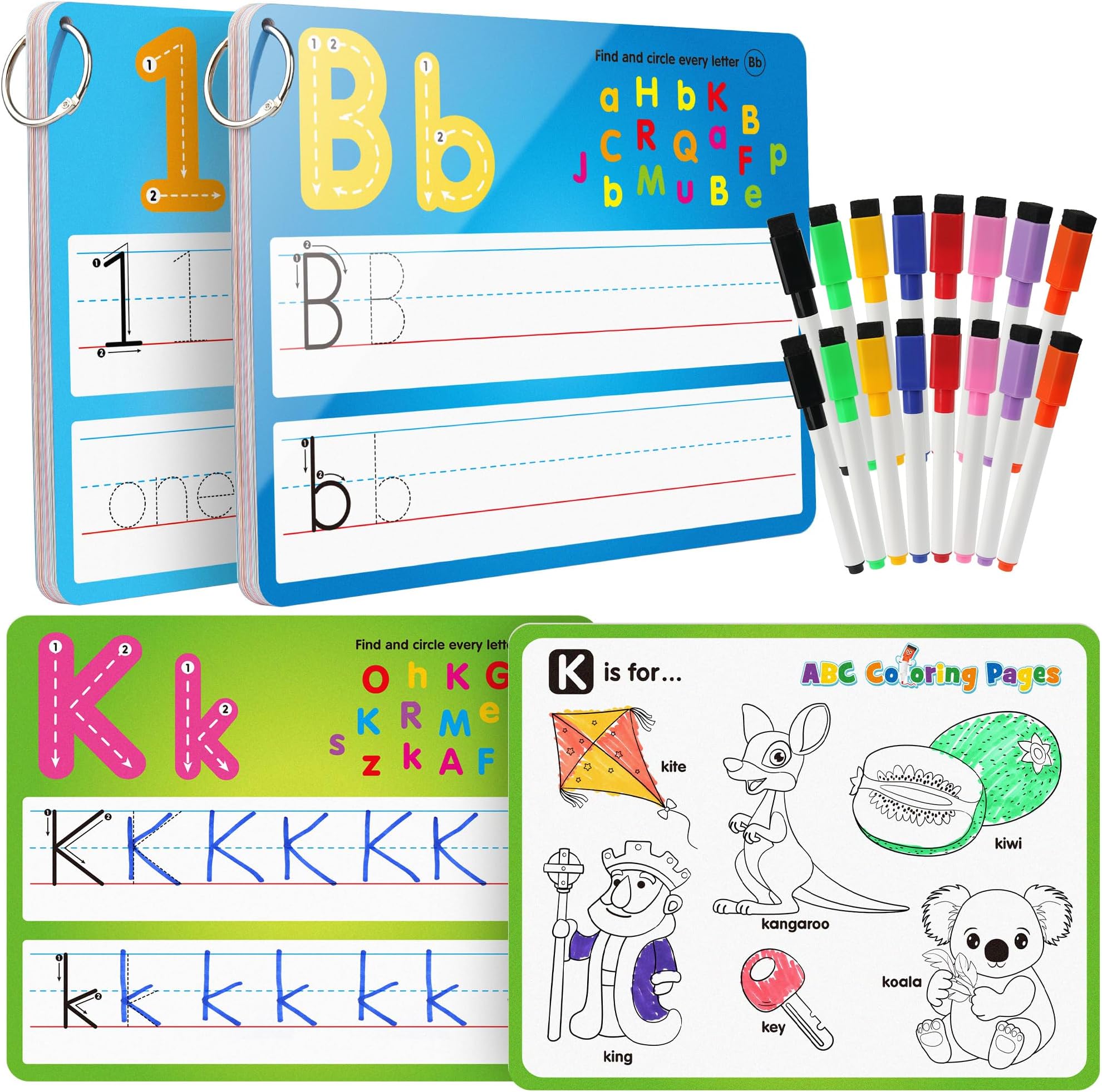 – Coogam Handwriting Drawing Practice Cards, 36pcs Alphabet Number Painting Coloring with Pens, Double Sided Write and Wipe Tracing Flashcards, Educational Toy Gift for 3 4 5 Year Old Kids