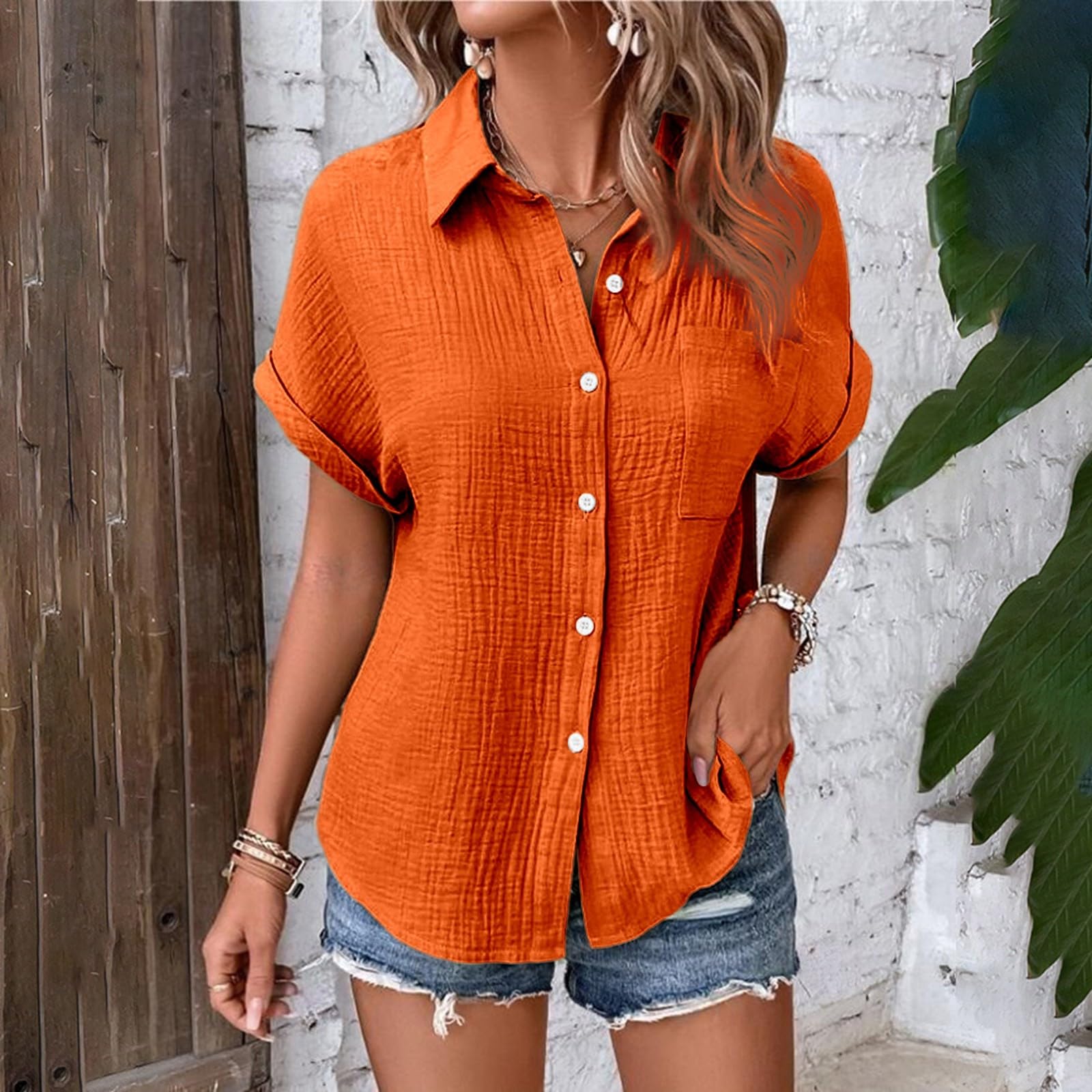 Camisas de lino con cuello y botones para mujer, estilo casual, de verano, a la moda, de gasa, de manga corta, color sólido, de lino, algodón, de gran tamaño, ajuste holgado, ropa de manga dolman