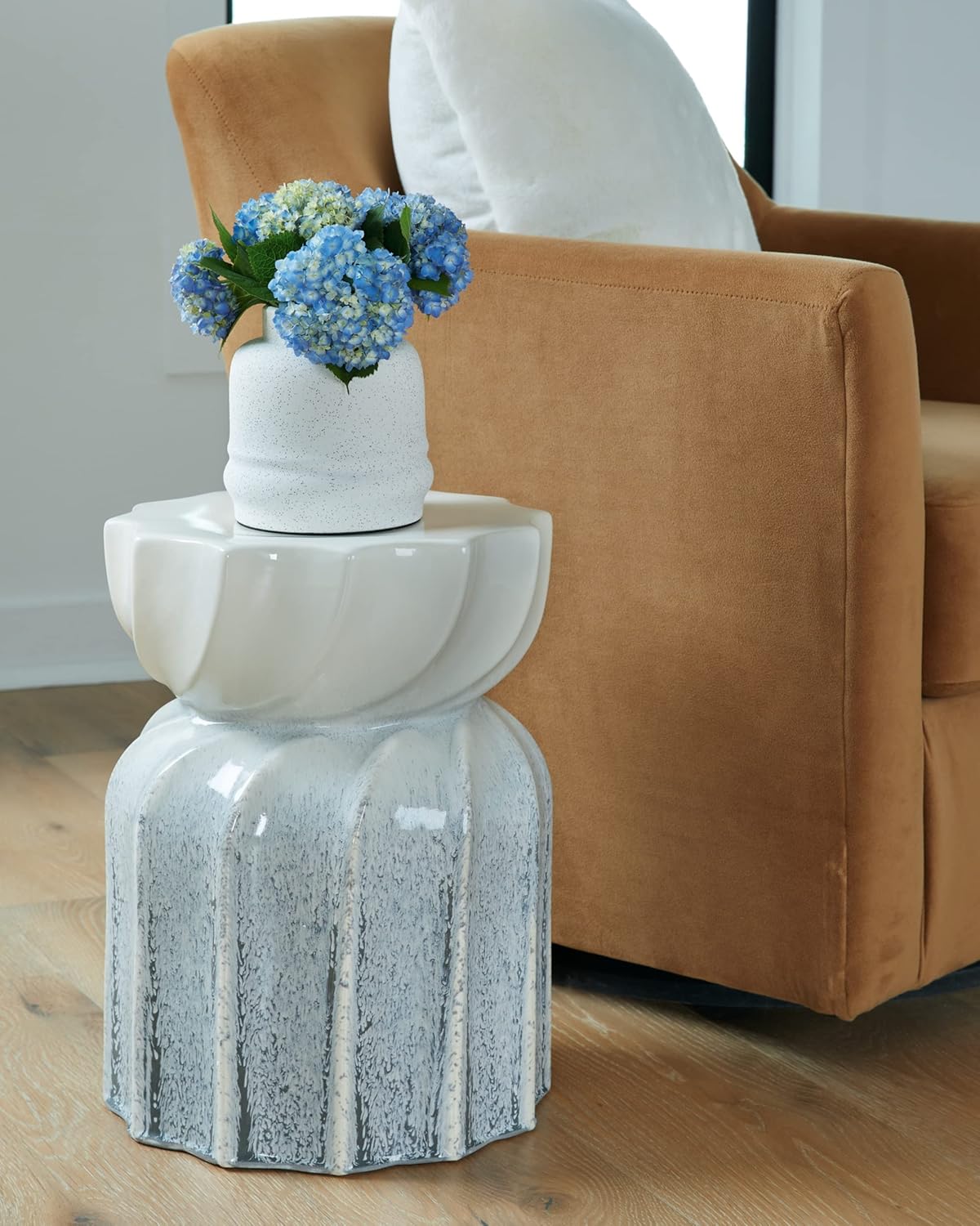 Signature Design by Ashley Michamere Coastal Ceramic Indoor & Outdoor Accent Stool, Gray & Beige
