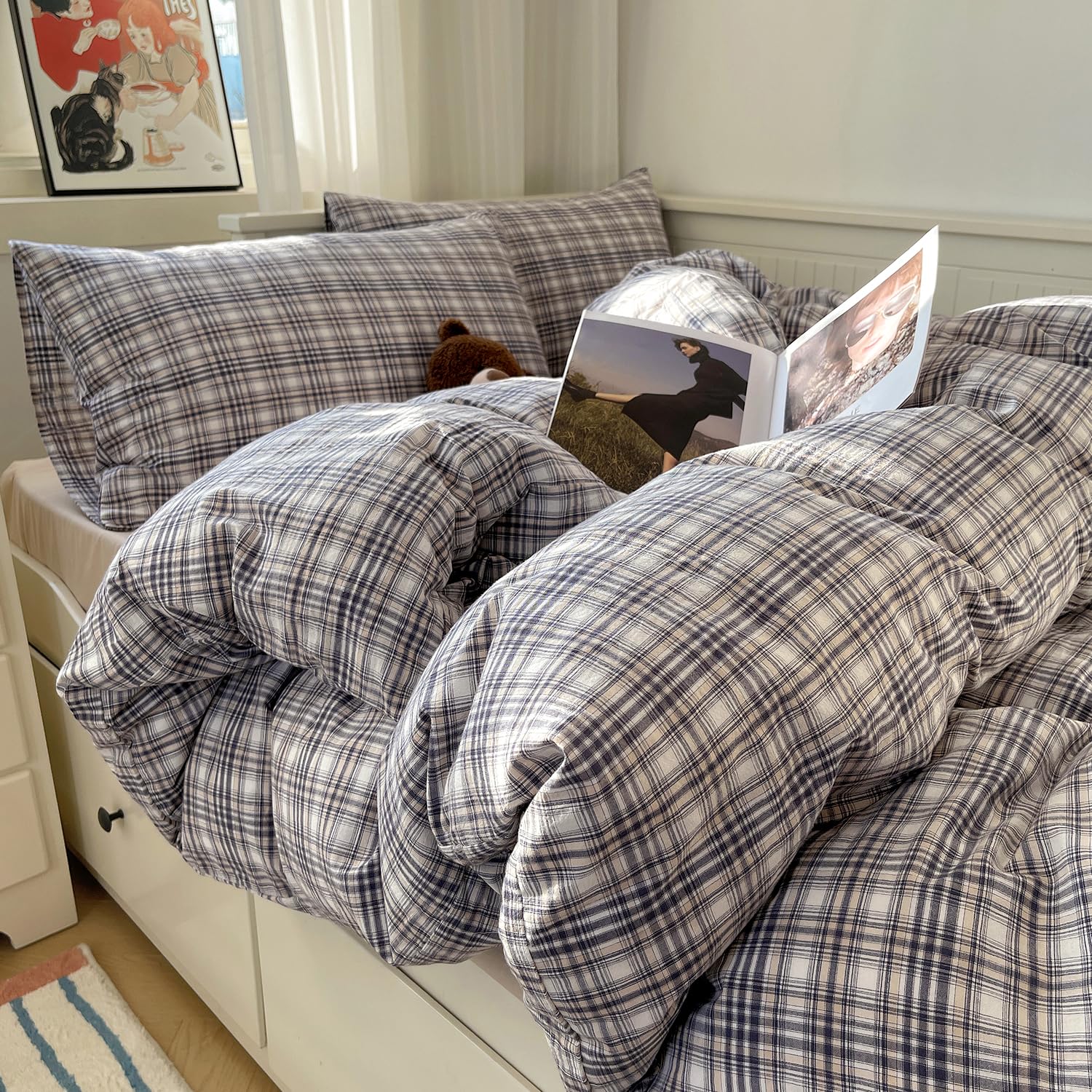 mixinni Full Duvet Cover Set - 3 Piece Vintage Buffalo Plaid Bedding, 100% Washed Cotton Duvet Cover with 2 Pillowcases, Soft &amp; Breathable Navy Beige White Geometric Grid Pattern for All Seasons