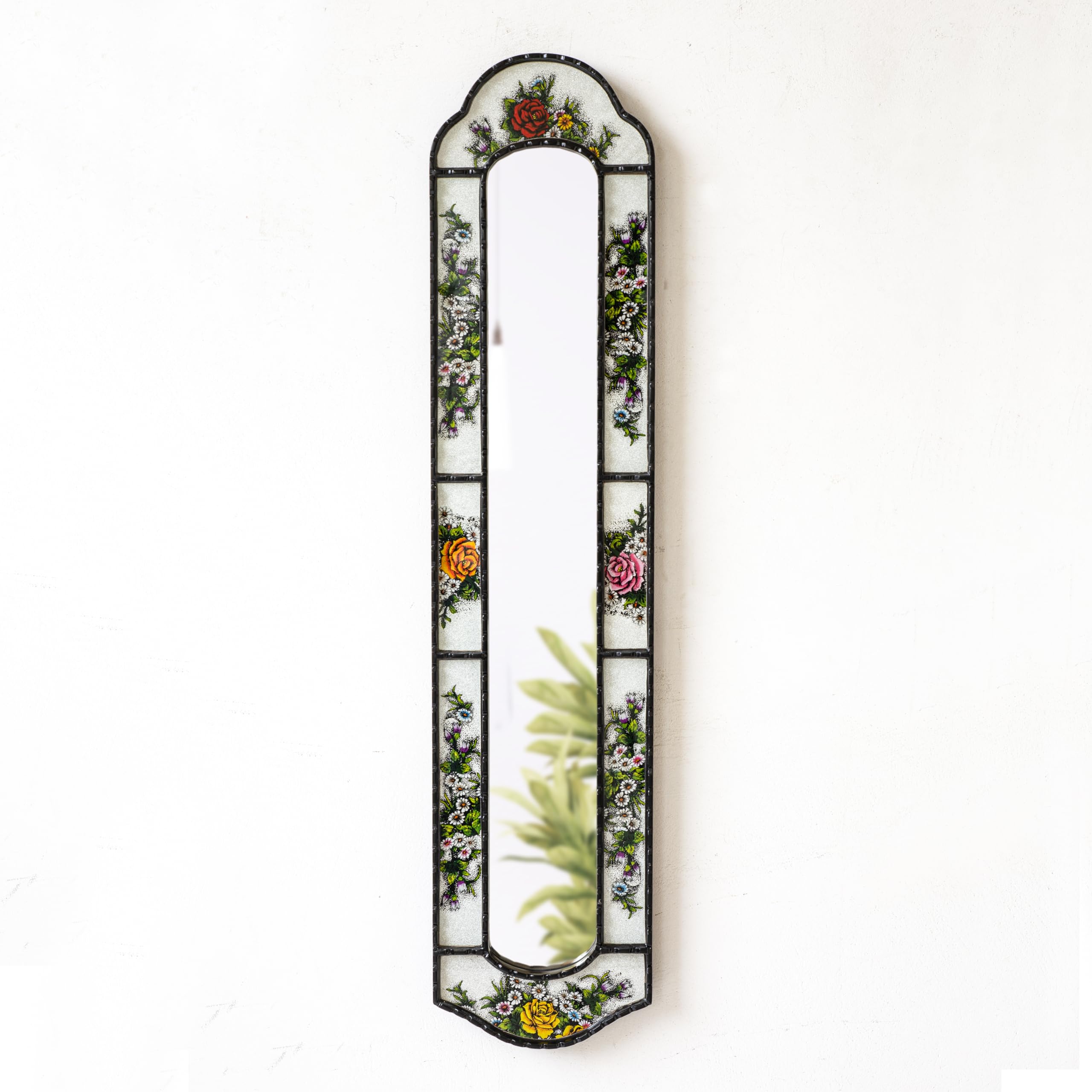 Decorative Long Narrow White Mirror 35.8" Tall for Wall Art | Long Skinny Wall Mirror for Living Room Decor | Peruvian Painted Glass
