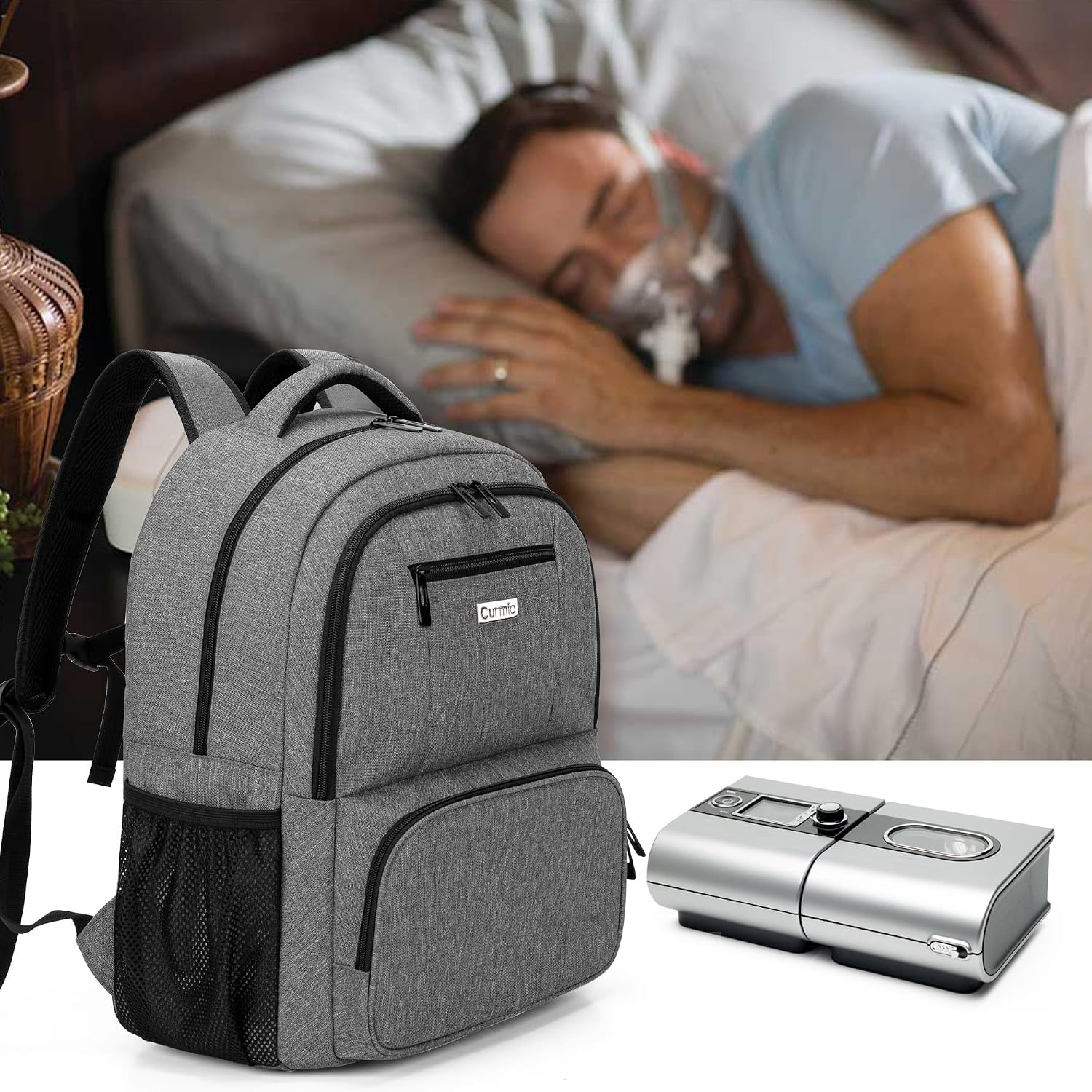CURMIO CPAP Travel Backpack Compatible with ResMed AirSense 9, AirSense 10, AirSense 11, Philips System One, CPAP Carry On Bag for CPAP Machine & Supplies, Gray, Patent Design