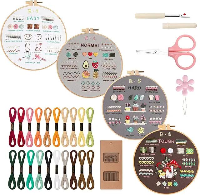 VynyQoo 4pcs Embroidery Kit for Beginners - Complete Broderi Kit with 40 Stitches