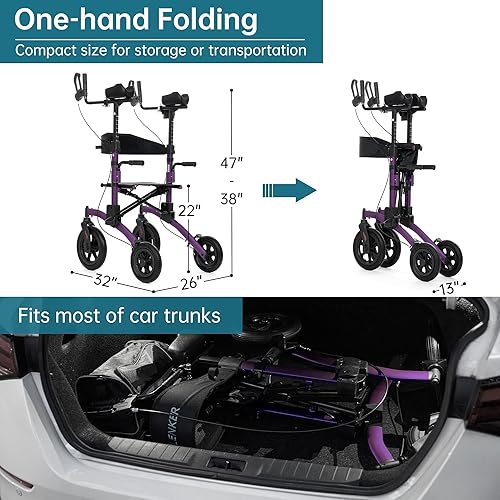 Miniatura 6 de ELENKER Andador vertical todo terreno, andador con asiento, ruedas no neumáticas de 12 pulgadas, diseño plegable compacto para personas mayores,