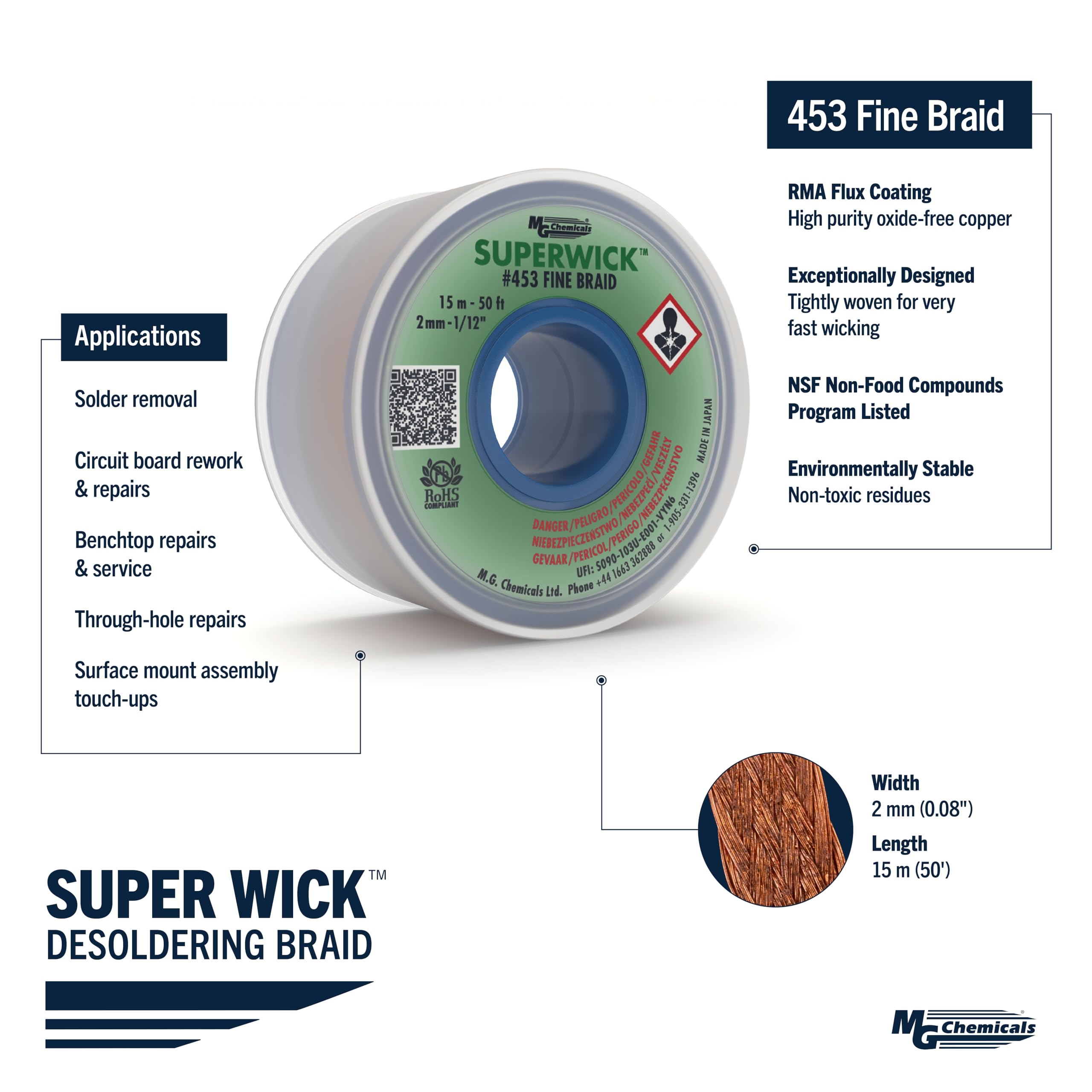 MG Chemicals #453 Fine Braid Super Wick™ - Entlötlitze, 2.0 mm breit