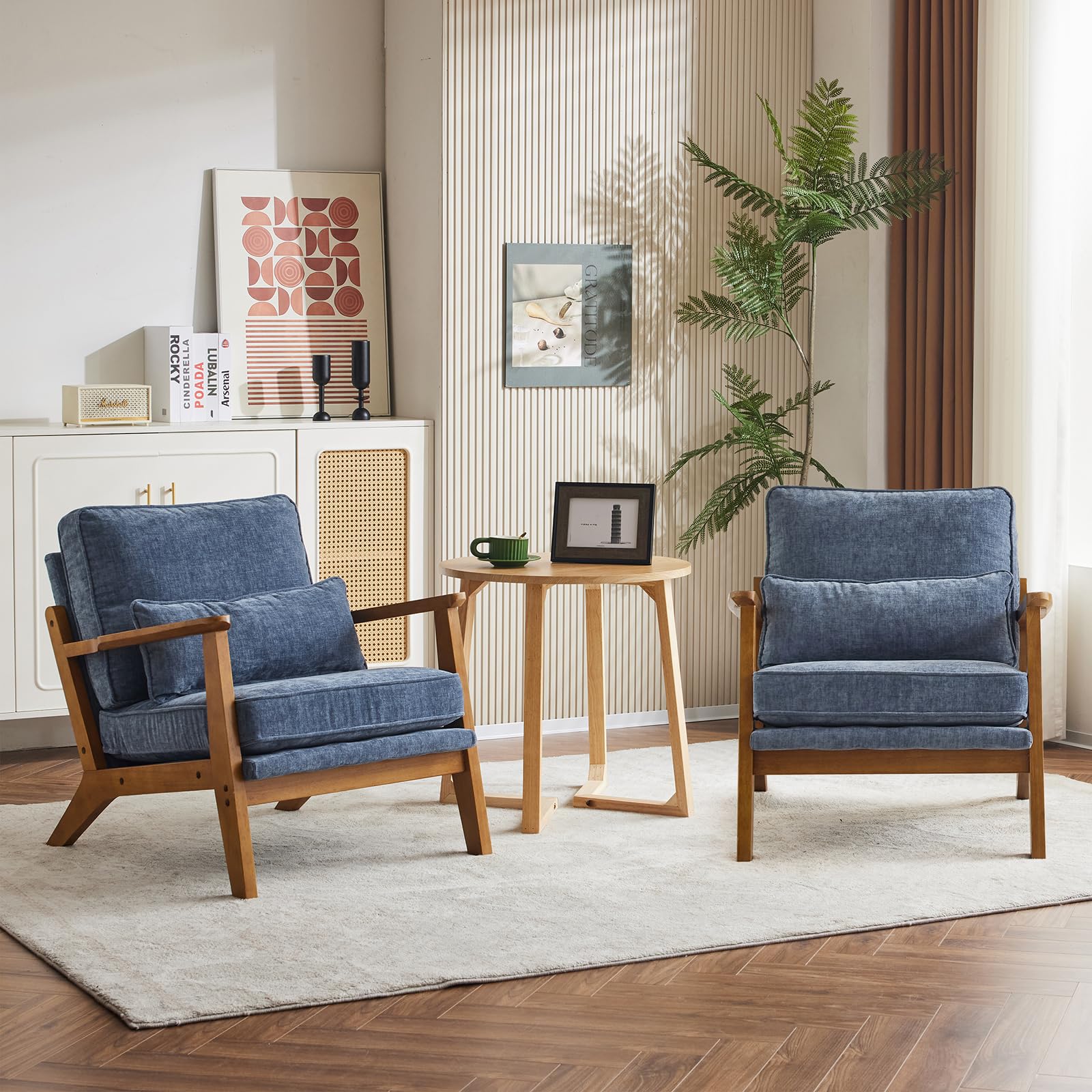 Bonnlo Accent Chair, Soild Wood Padding Lounge Armchairs Set of 2, Occasional Reading Chair with Cushions and Lumbar Pillow, Armchairs for Living Room, Bedroom, Guest Room,Wide Arm, Chenille, Sea Blue
