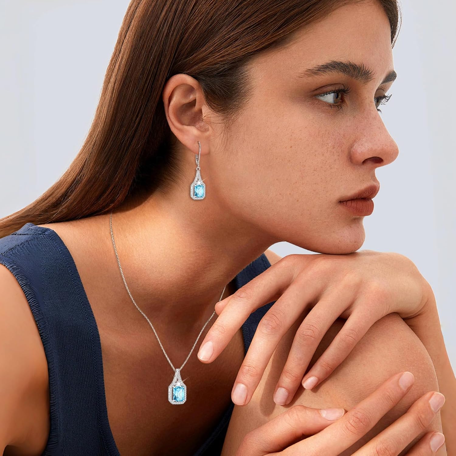 Created Gemstone Necklace 925 Sterling Silver Halo Rectangular Pendant Birthstone Necklaces Jewelry Gifts for Women - Image 3