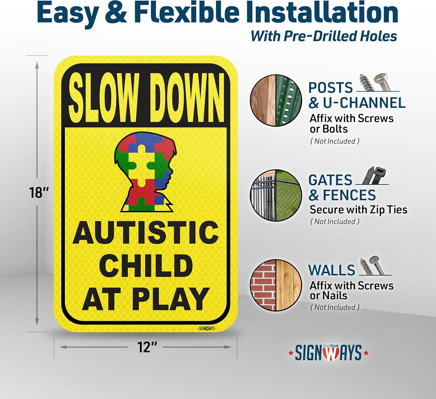 SignWays Slow Down Autistic Child at Play Sign | Autism Signs for Home Outside | Slow Children at Play for Street | Weather-Proof, Will Not Fade | Made in USA | 12” x 18”