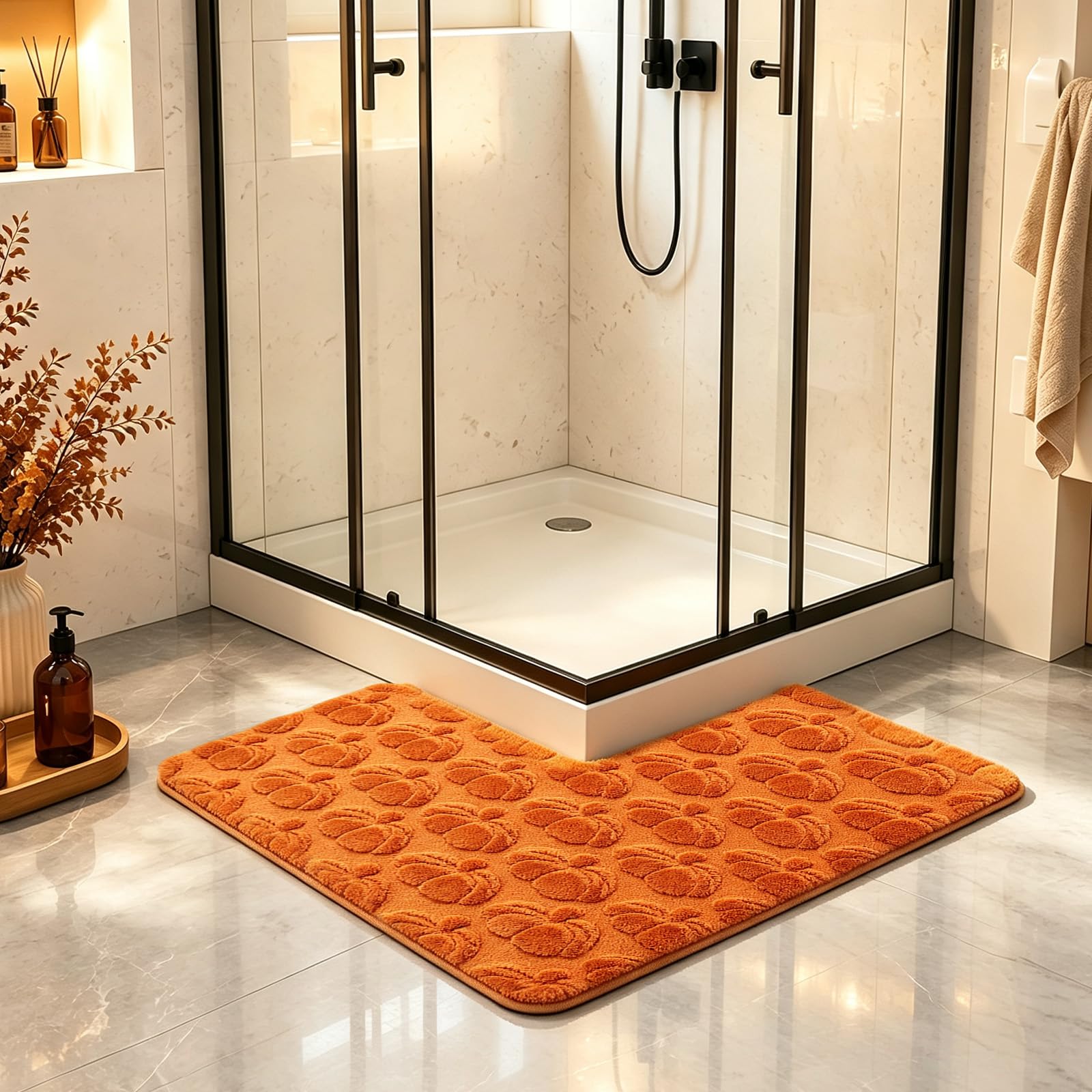 L-Shaped Bath Mat for Corner Shower,Absorbent Non-Slip Pumpkin Bathroom Rug