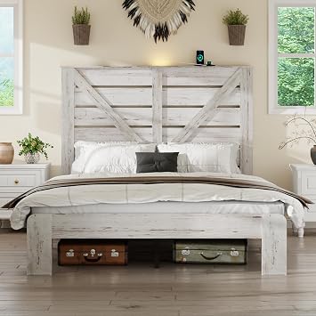 White Full Size Bed Frame with Wooden Headboard, Farmhouse Platform Bed with Charging Station, Under Bed Storage, No Box Spring Needed, Easy to Assemble White, Full