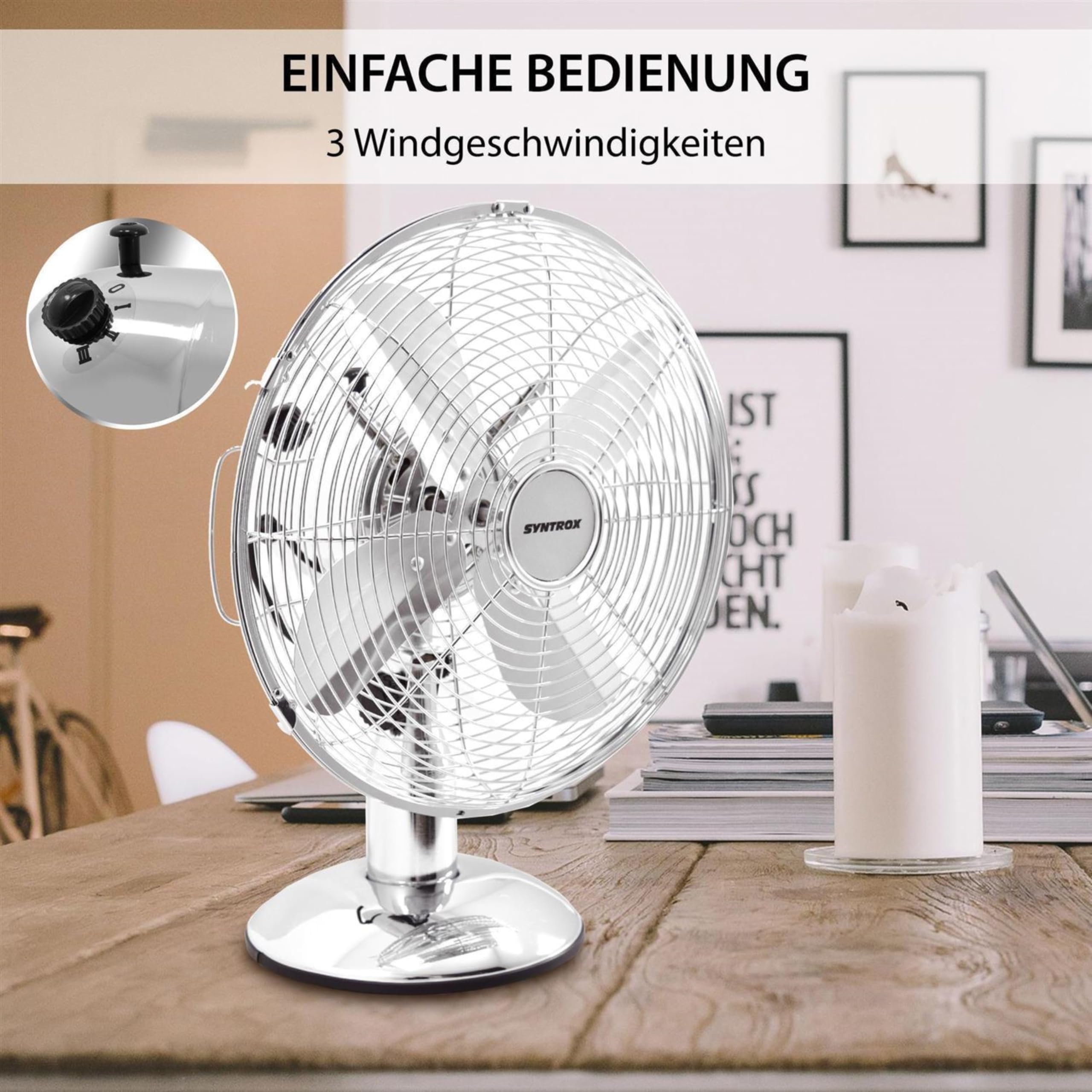 Syntrox Retro Tischventilator mit Oszillation Blinara | Ventilator Tischgerät, elegant und leistungsstark, 33 Watt, Energiesparend, automatische Schwenkfunktion