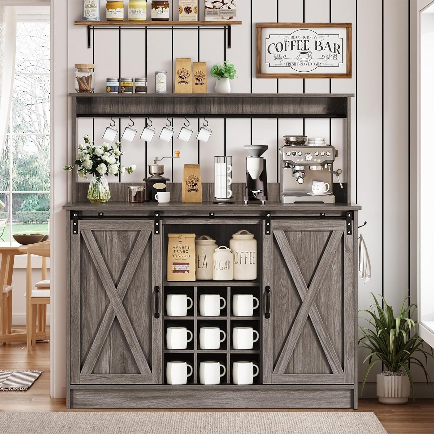 Amazon.com: 4 EVER WINNER Farmhouse Coffee Bar Cabinet with 9 Racks ...