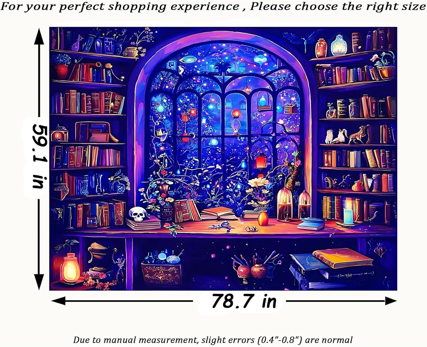 TUGCAY Blacklight Bookshelf Tapestry UV Reactive Magic Books Tapestry Fantasy Library Skull Tapestries Gothic Magical Potion Bottle Wall Hanging for Bedroom Dorm Decor(59.1 x 78.7 inches)