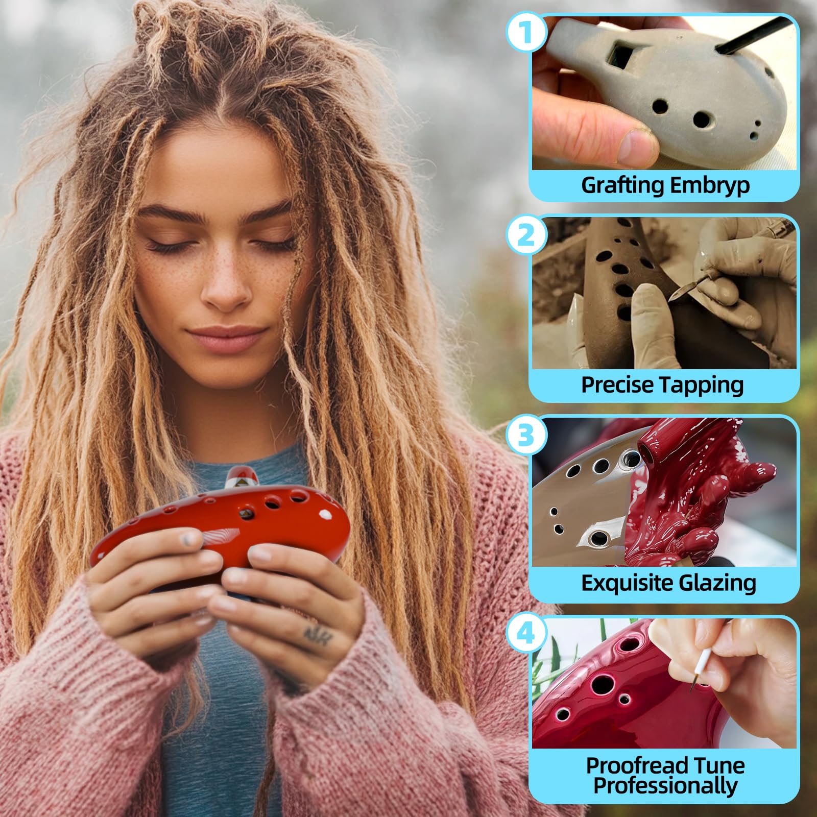 Mulucky Ocarina en argile naturelle à 12 trous avec accessoires, boîte cadeau pour instrument de musique pour débutants (rouge)
