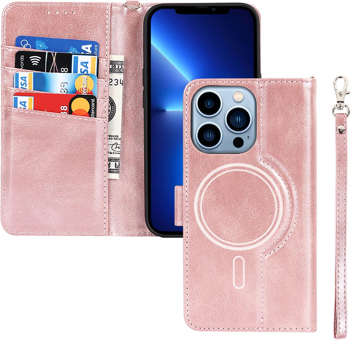 Zouzt for iPhone 13 Pro Case with Wallet Case, Compatible with MagSafe Charger, Flip Folio Case with Card Holders Kickstand [Shockproof TPU Inner Shell] Phone Cover- Rose Golden