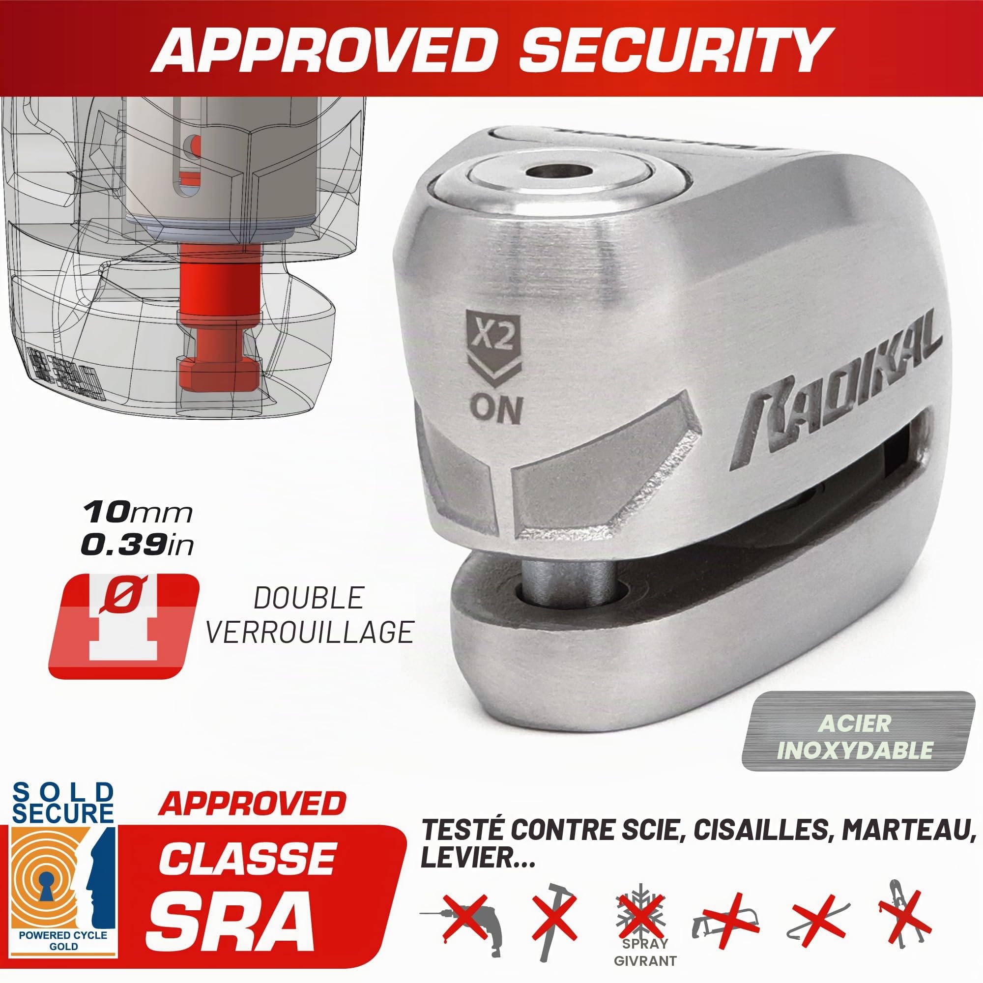 RADIKAL RK910S Antivol Moto Homologué SRA, Bloque Disque Alarme Premium X2-ON, Serrure Haute Sécurité Anti-Perçage Anti-Crochetage, Double Verrouillage 10mm, Bloc Acier Inox Anti Vol pour Moto Scooter